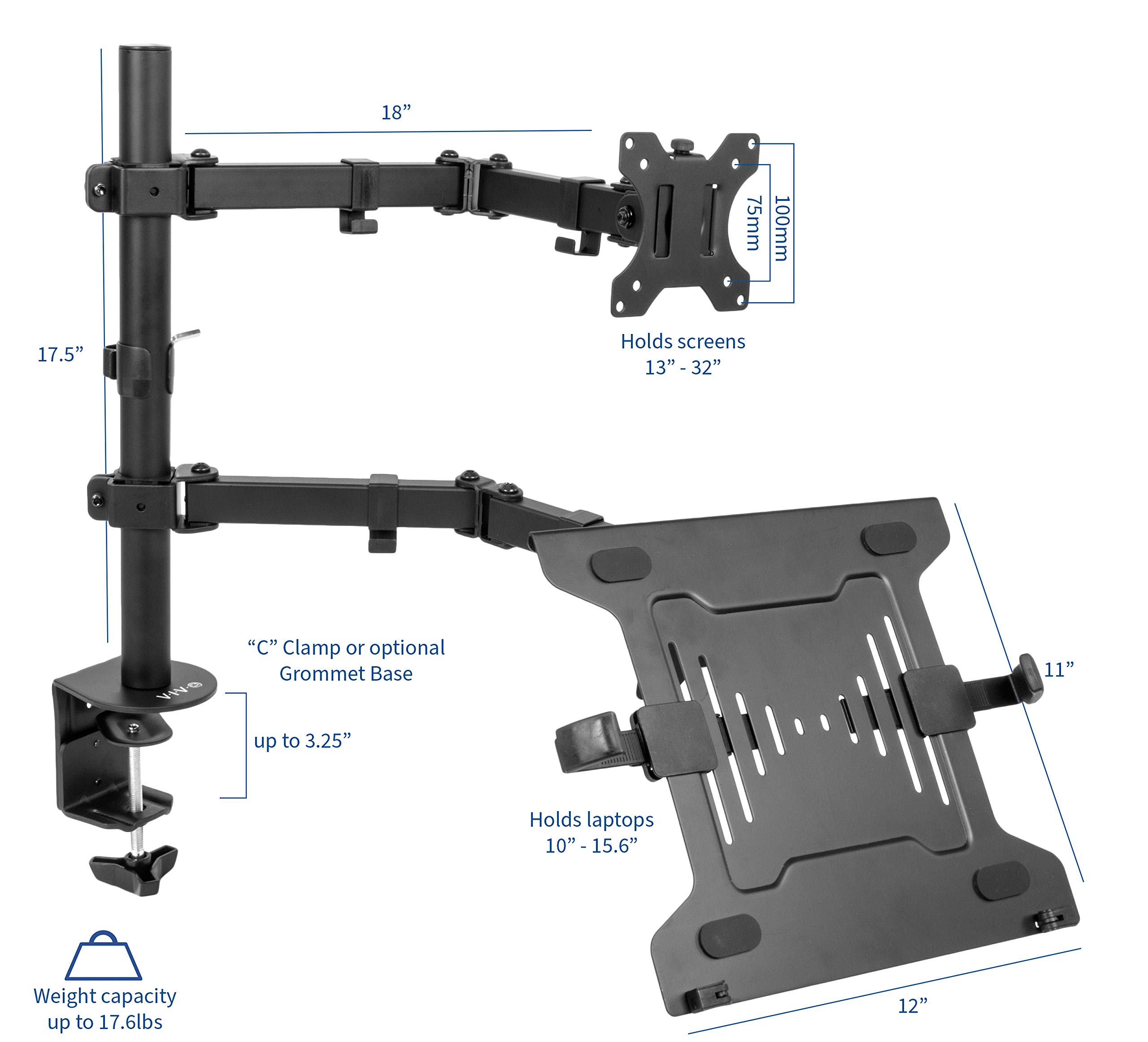 VIVO Full Motion Dual Monitor and Laptop Desk Mount - Adjustable Articulating Arm Stand with Double Center Joint, VESA Compatible for 13-32 inch Screens (STAND-V102C) - Perfect for Home Office, Gaming Setup and Workspace Ergonomics