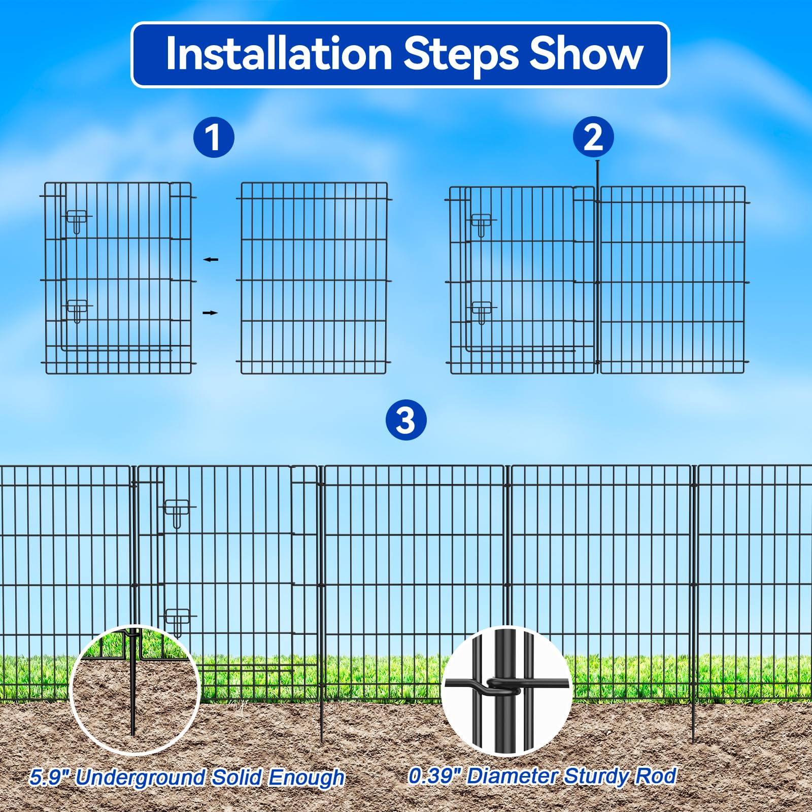 INJOPEXI 12-Panel Decorative Metal Garden Fence - 23.6ft Long x 30in Tall Rustproof Wire Fencing with Gate | No Dig Temporary Animal Barrier for Yard, Outdoor Patio & Garden Protection | Perfect for Pet Containment, Landscape Borders & Pool Safety