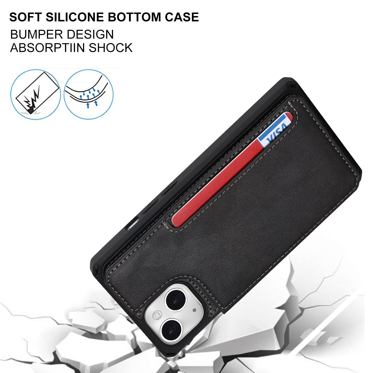 Premium Leather iPhone 13 Wallet Case with Card Holder & Stand - Shockproof Protective Phone Cover for Women & Men | Perfect for Travel, Work & Everyday Use (Black)