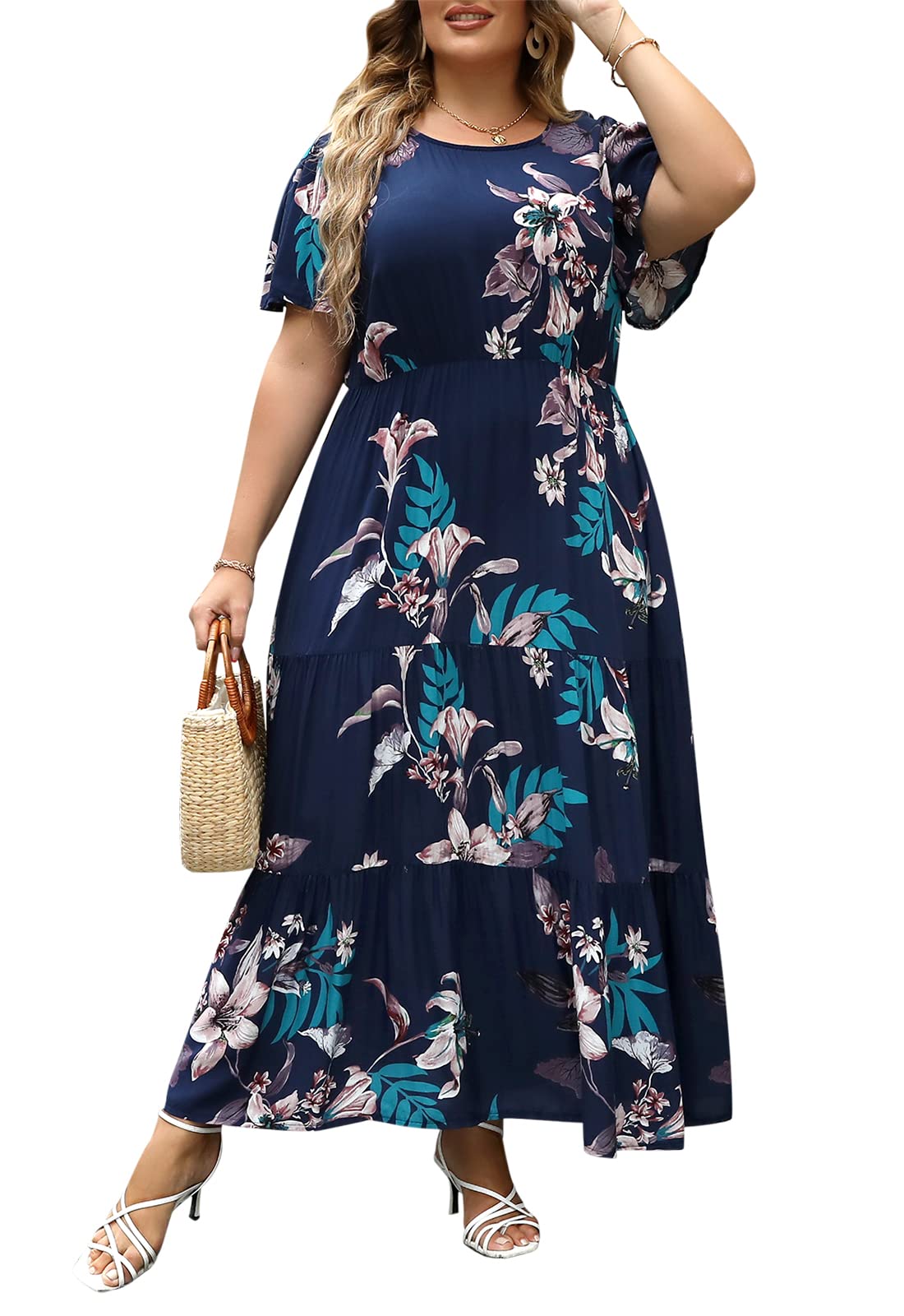 Nemidor Women's Plus Size Boho Floral Print Casual Layered Flared Maxi Dress with Pockets - Perfect for Beach Vacations, Summer Parties & Boho Fashion Outfits