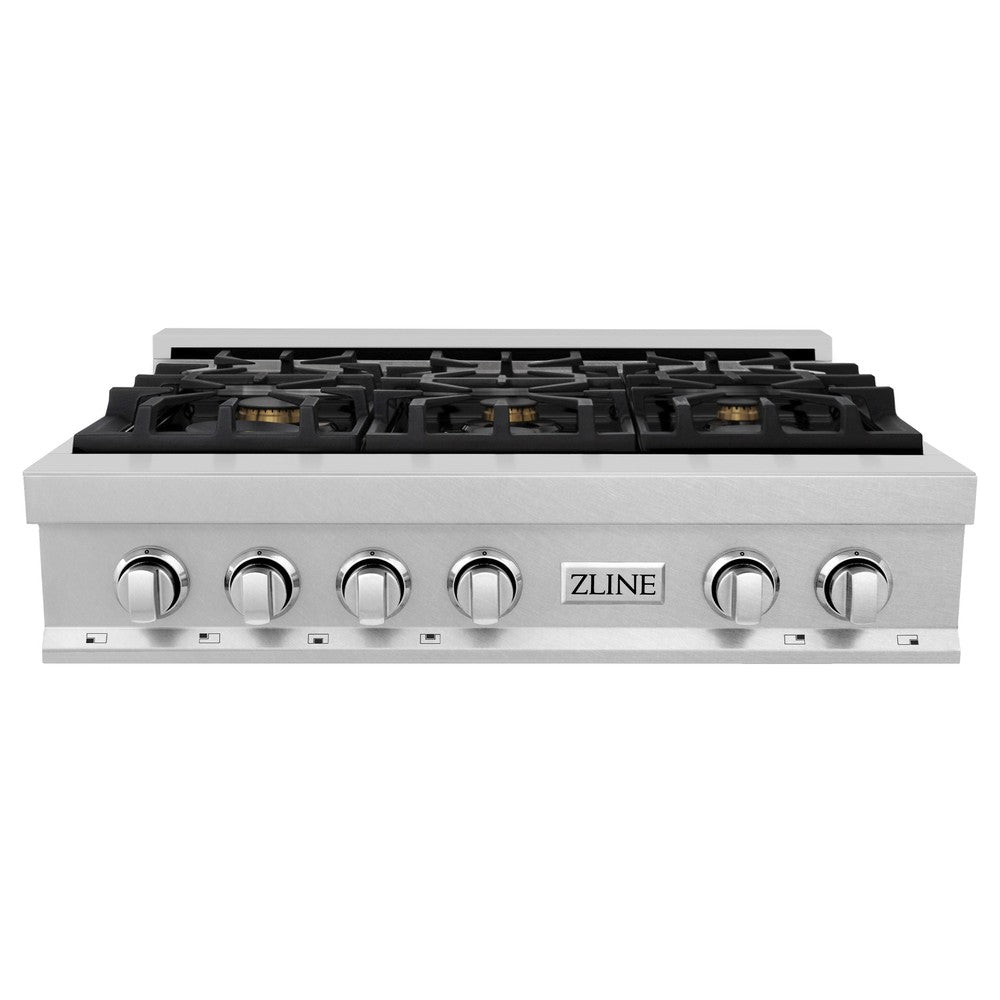 ZLINE 36 Inch 6-Burner Gas Rangetop with Brass Burners & Porcelain Cooktop - Satin Stainless Steel (RTS BR 36) | Professional Kitchen Stove for Home Chefs & Cooking Enthusiasts