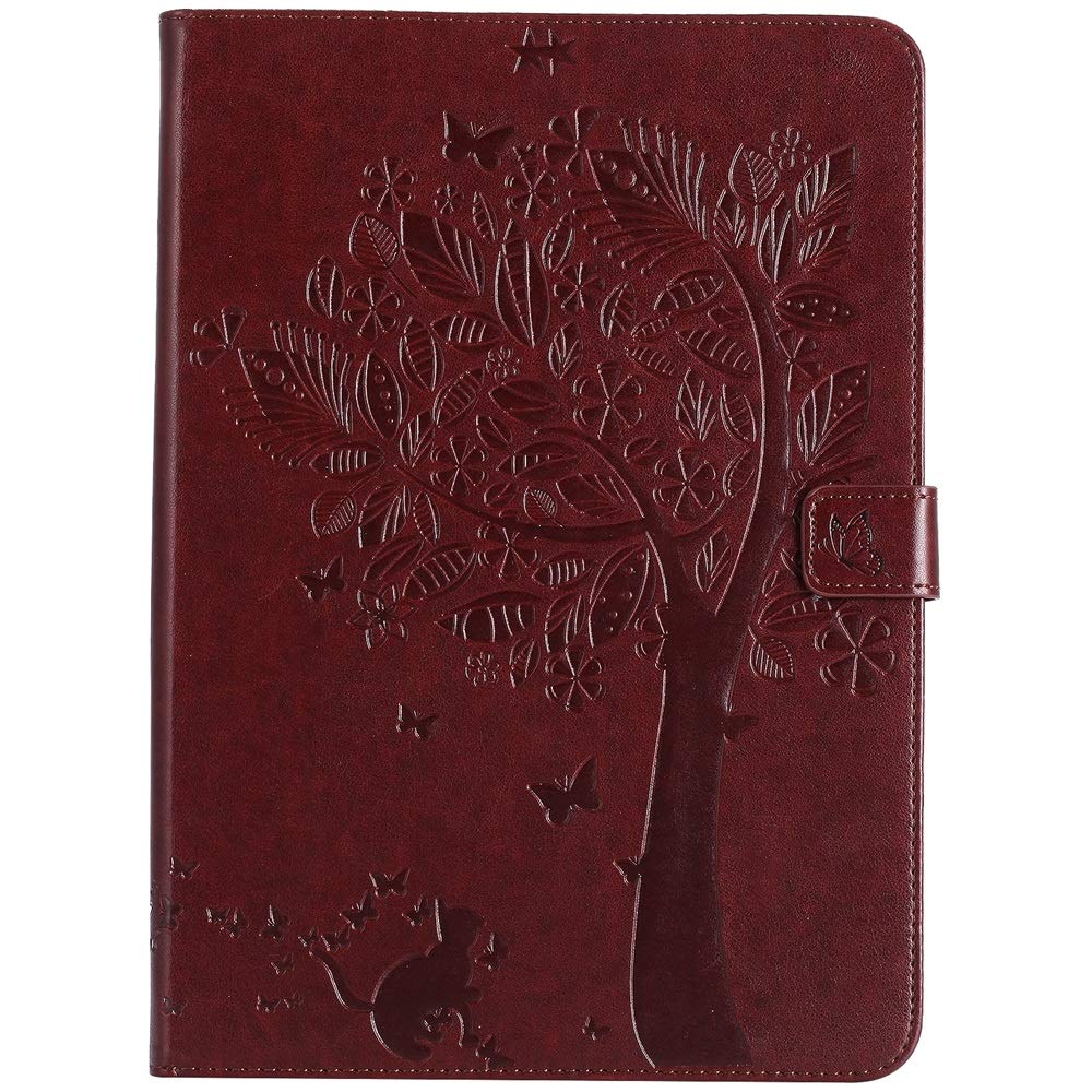 Premium PU Leather iPad Case for iPad 9.7 inch (2017/2018 5th/6th Gen) & iPad Air 2/Air - Tree Cat Embossed Flip Cover with Auto Sleep/Wake & Stand Feature - Brown - Perfect for Work, Travel & Daily Protection