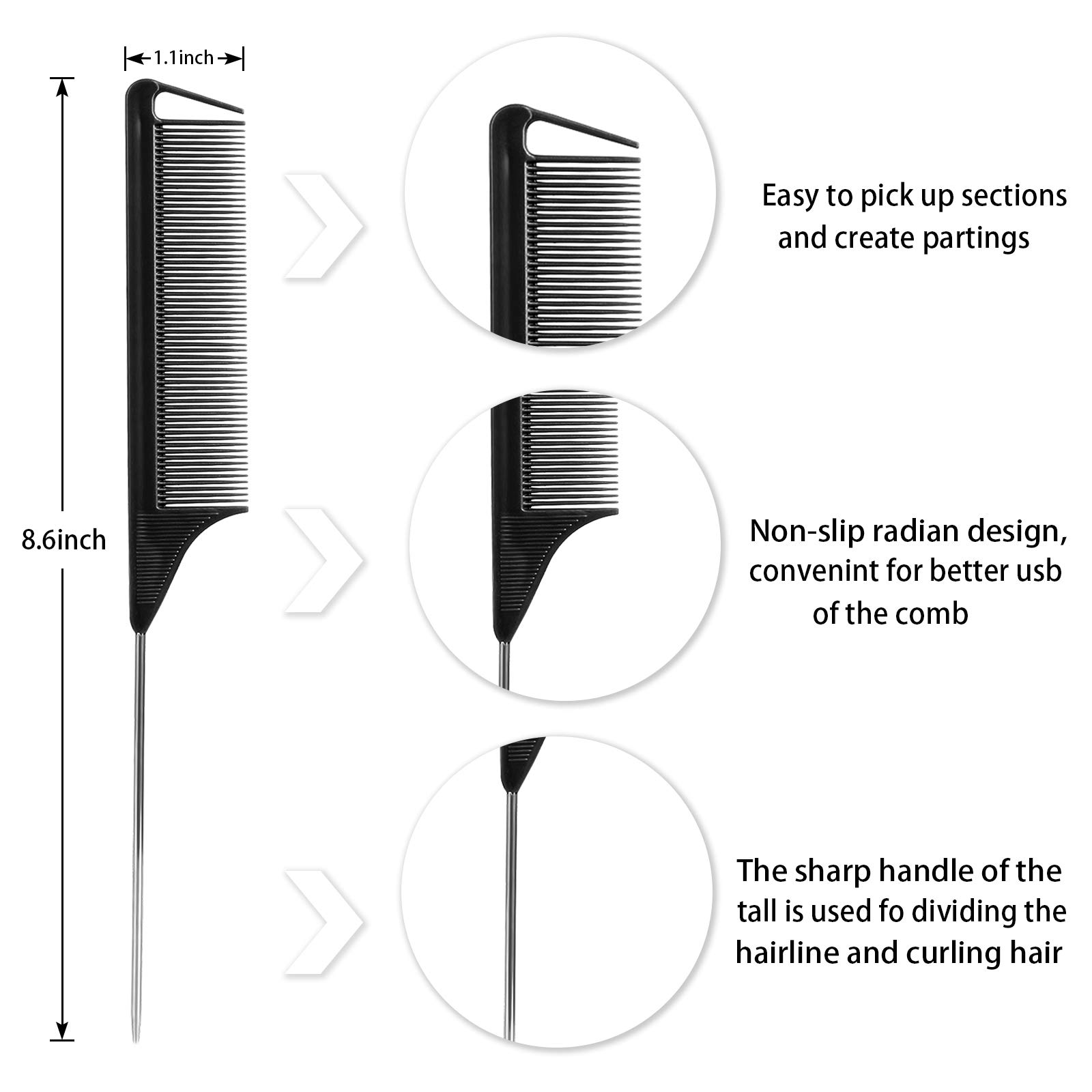 Rat Tail Teasing Comb Set with Styling Clips - 3 Steel Pin Combs & 7 Sectioning Clips for Braiding, Parting & Salon Styling - Perfect for Hairdressers, Stylists & DIY Hair Care at Home
