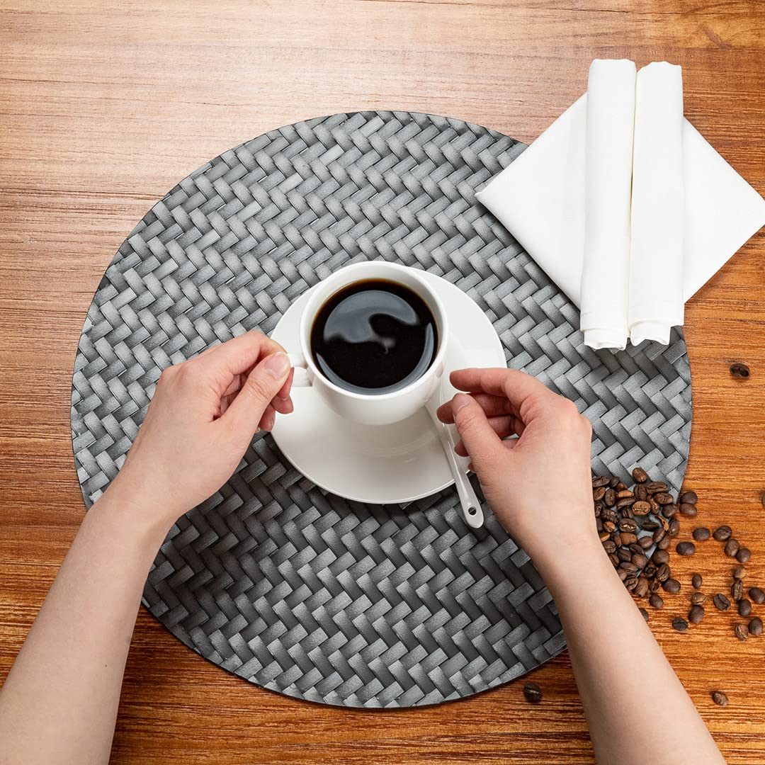 Premium 15-Inch Round Woven Placemats Set of 6 - Durable & Easy-Clean Metallic Gray Plastic Table Mats for Dining - Perfect for Home, Restaurant, Wedding & Party Decor
