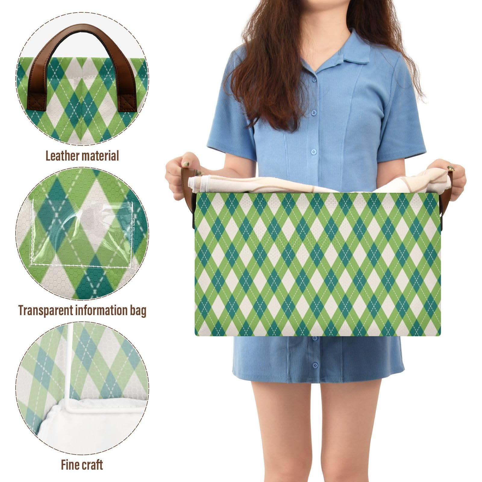 Premium Green Checkered Fabric Collapsible Storage Baskets with Handles - 2 Pack Foldable Storage Cubes for Organizing Shelves, Closet, Wardrobe | Perfect for Home, Office & Nursery Organization