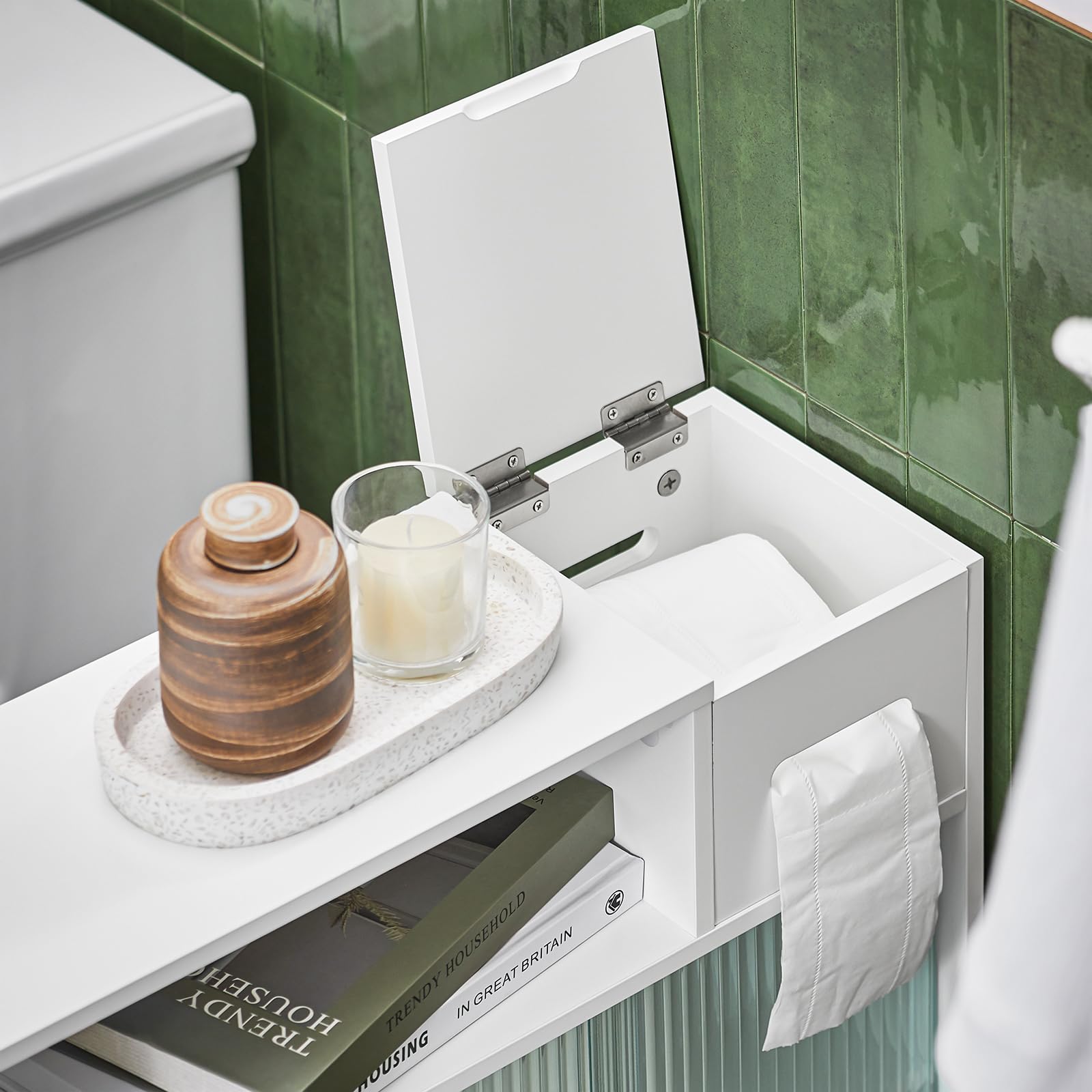 Haotian White Bathroom Magazine Holder - Narrow Toilet Storage Cabinet with Glass Doors for Bathroom Organization | Perfect for Small Spaces & Paper Roll Storage