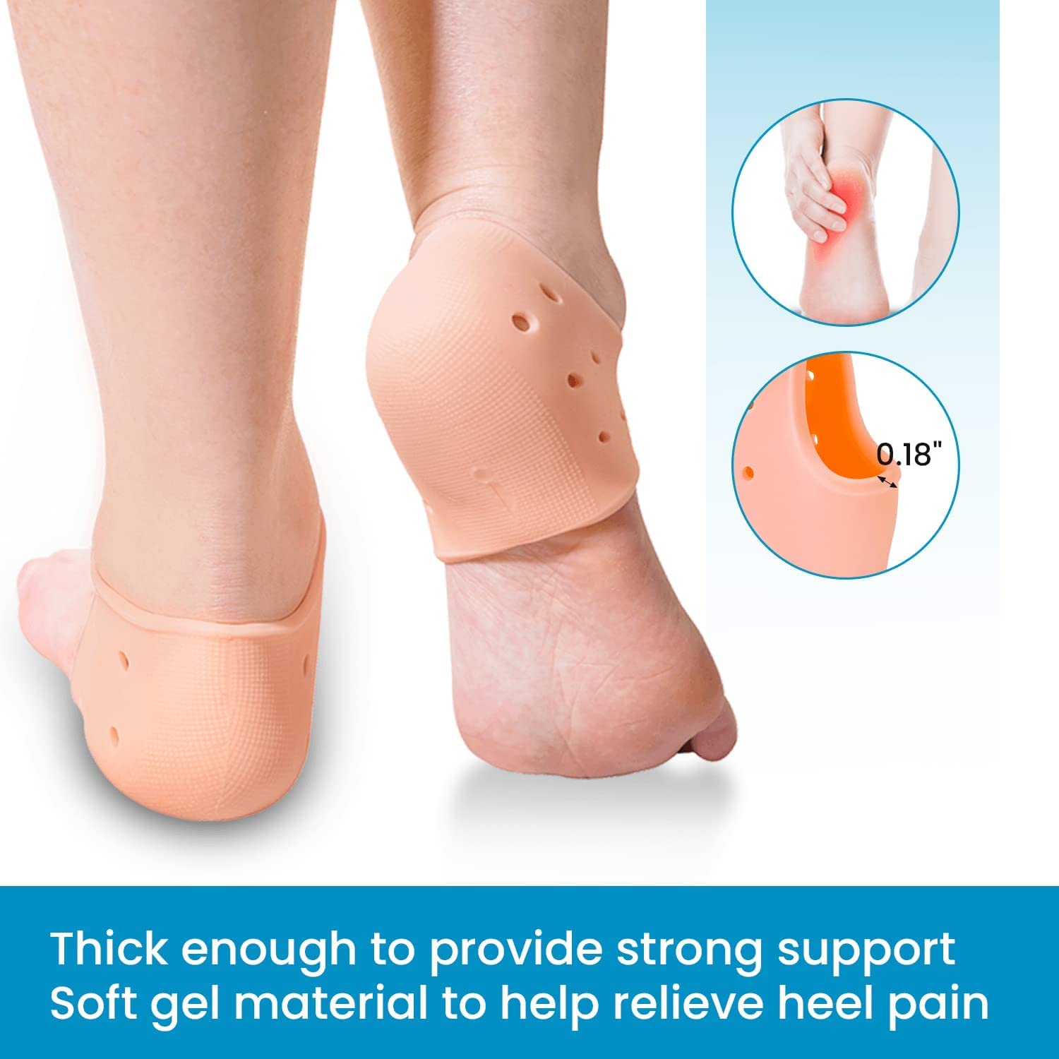 Ocer Heel Cups for Heel Pain Relief - Thick Silicone Heel Support Pads for Plantar Fasciitis, Bone Spurs & Cracked Heels - Comfortable Heel Protectors for Running, Walking & Standing All Day (2-Pack)