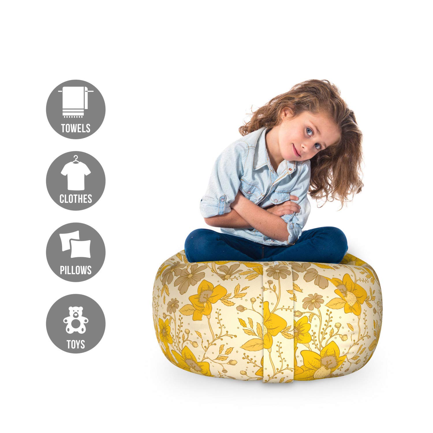 Ambesonne Floral Storage Toy Bag Chair - Creative Damask Flowers English Garden Design, Washable Stuffed Animal Organizer (Small Size, Orange Dark Mustard) | Kids Room Decor, Nursery Storage, Playroom Organization