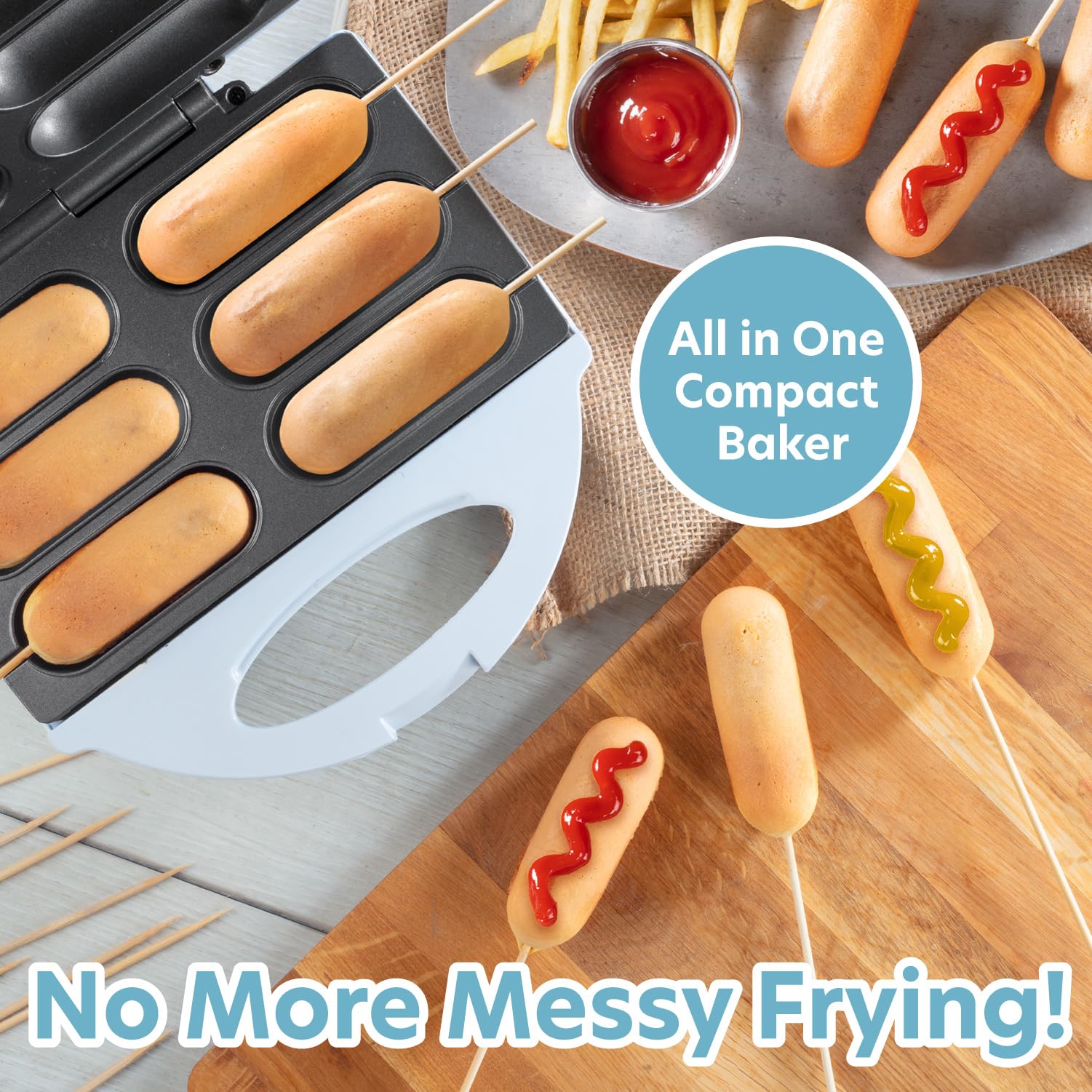 Electric Corn Dog Maker with Nonstick Coating - 6 Mini Hot Dogs on a Stick, Mozzarella Cheese Sticks & Cake Pops Maker - Includes 50 Skewers & Recipe Book - Perfect for Parties, Snacks & Family Fun - Great Gift for Kids & Food Lovers - Ideal for Game Nights, Birthday Celebrations & Holiday Gatherings