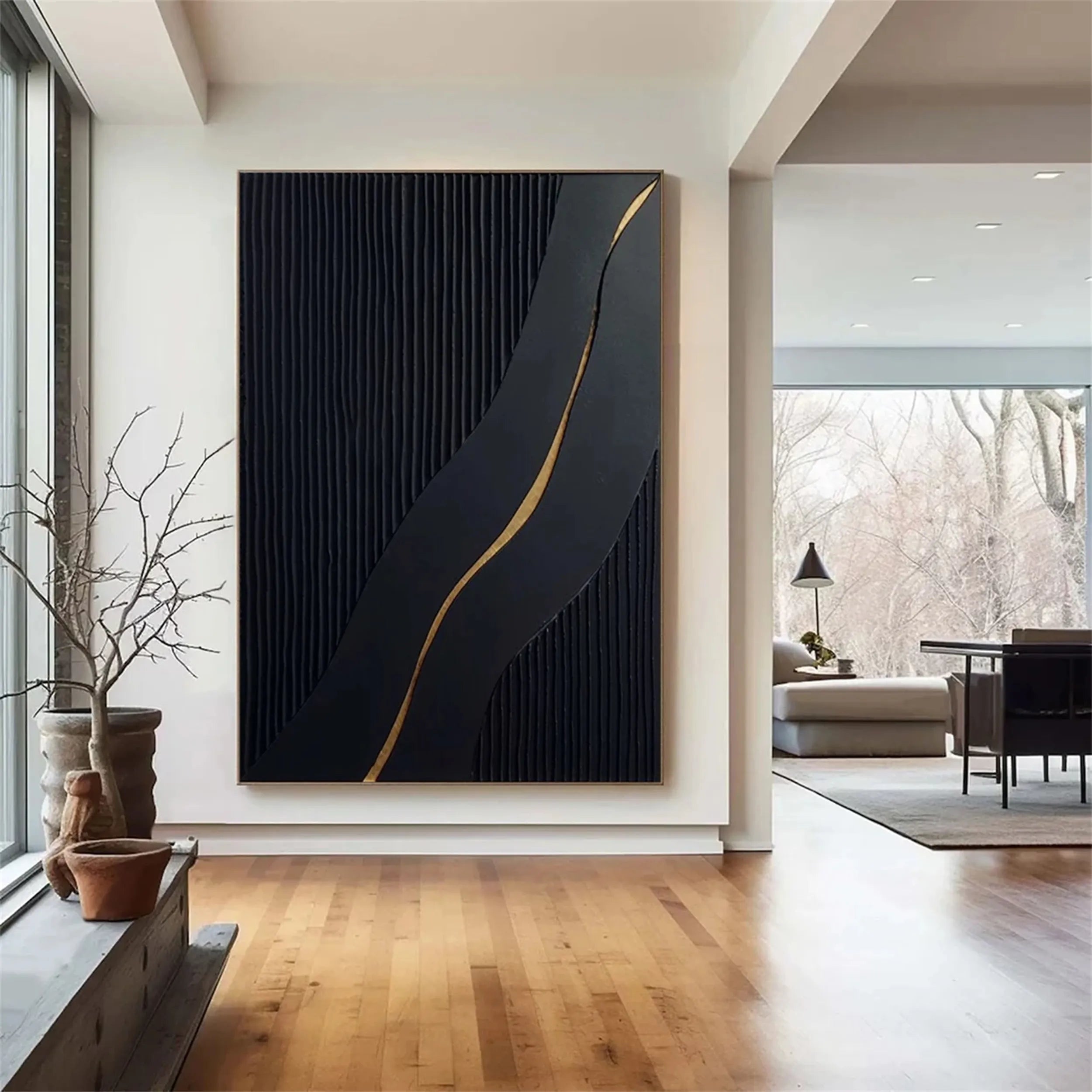Black Gold Minimalist Textured Abstract Wall Art Painting #MZ083 - Modern Home Decor for Living Room, Bedroom & Office