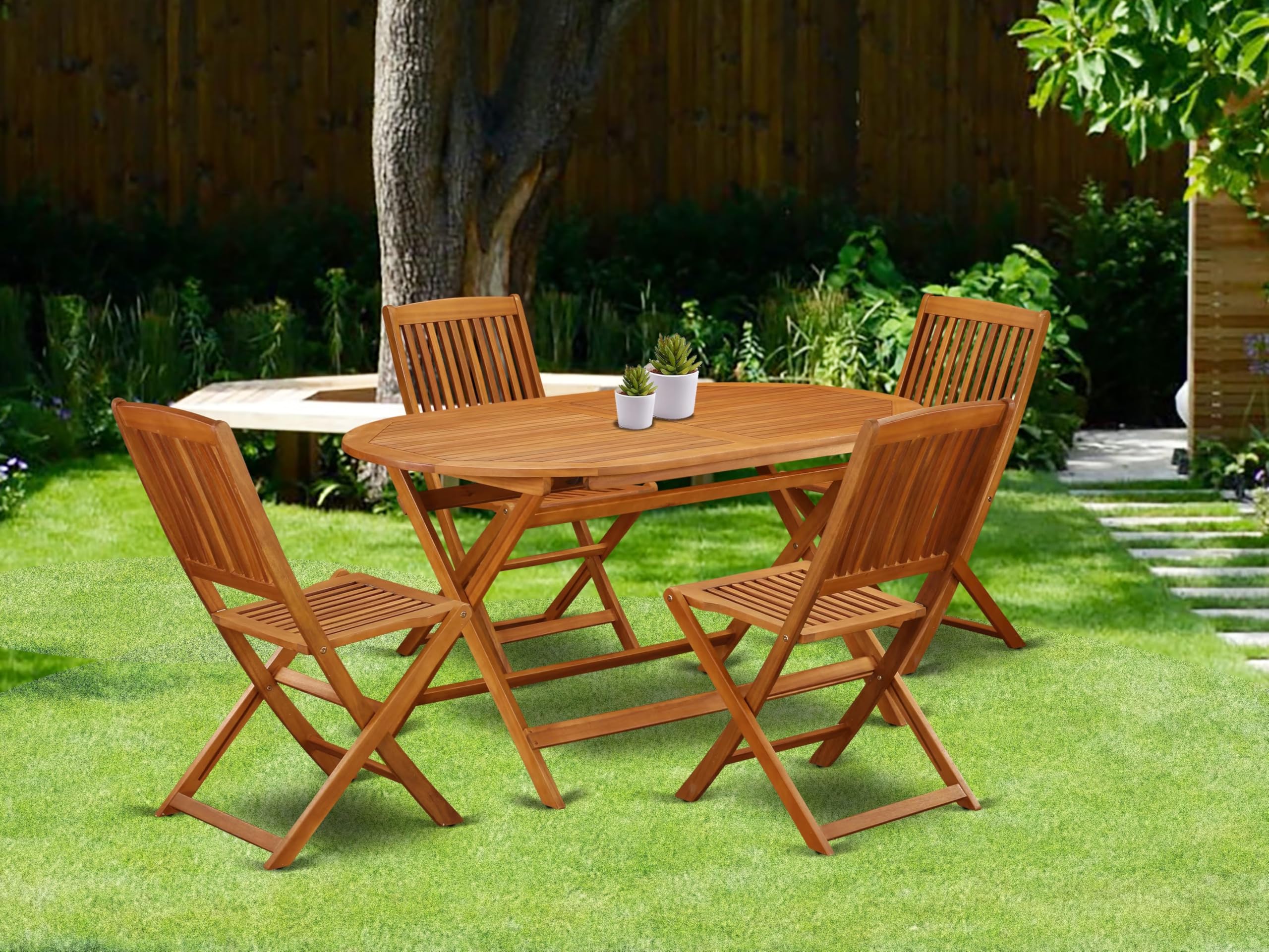 East West Furniture DICM5CWNA 5-Piece Outdoor Bistro Dining Set - Acacia Wood Oval Table & 4 Folding Chairs, 36x60 Inch, Natural Oil Finish - Perfect for Patio, Garden, and Backyard Entertaining