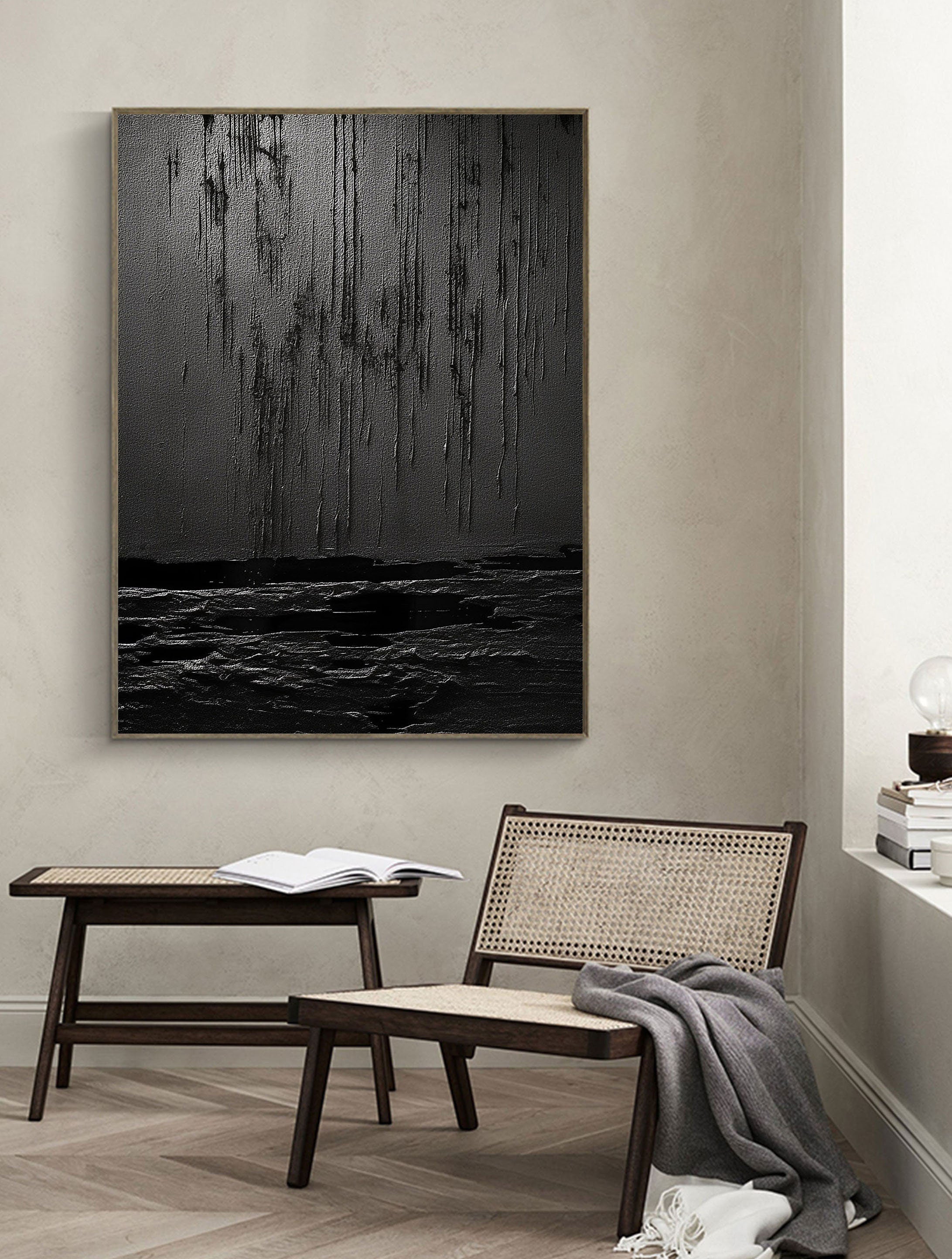Black Minimalist Textured Painting Canvas - Modern Abstract Wall Art for Home & Office Decor - Perfect for Living Room, Bedroom, and Office Spaces