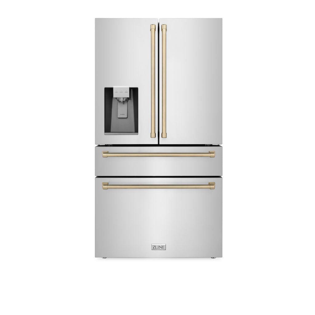 ZLINE Autograph Edition 36-Inch Counter Depth French Door Refrigerator - 21.6 cu.ft Capacity, Fingerprint Resistant Stainless Steel with Champagne Bronze Handles, Built-In Water and Ice Dispenser (RFMZ W 36 CB) - Perfect for Modern Kitchens, Open-Concept Homes, and Gourmet Cooking Spaces