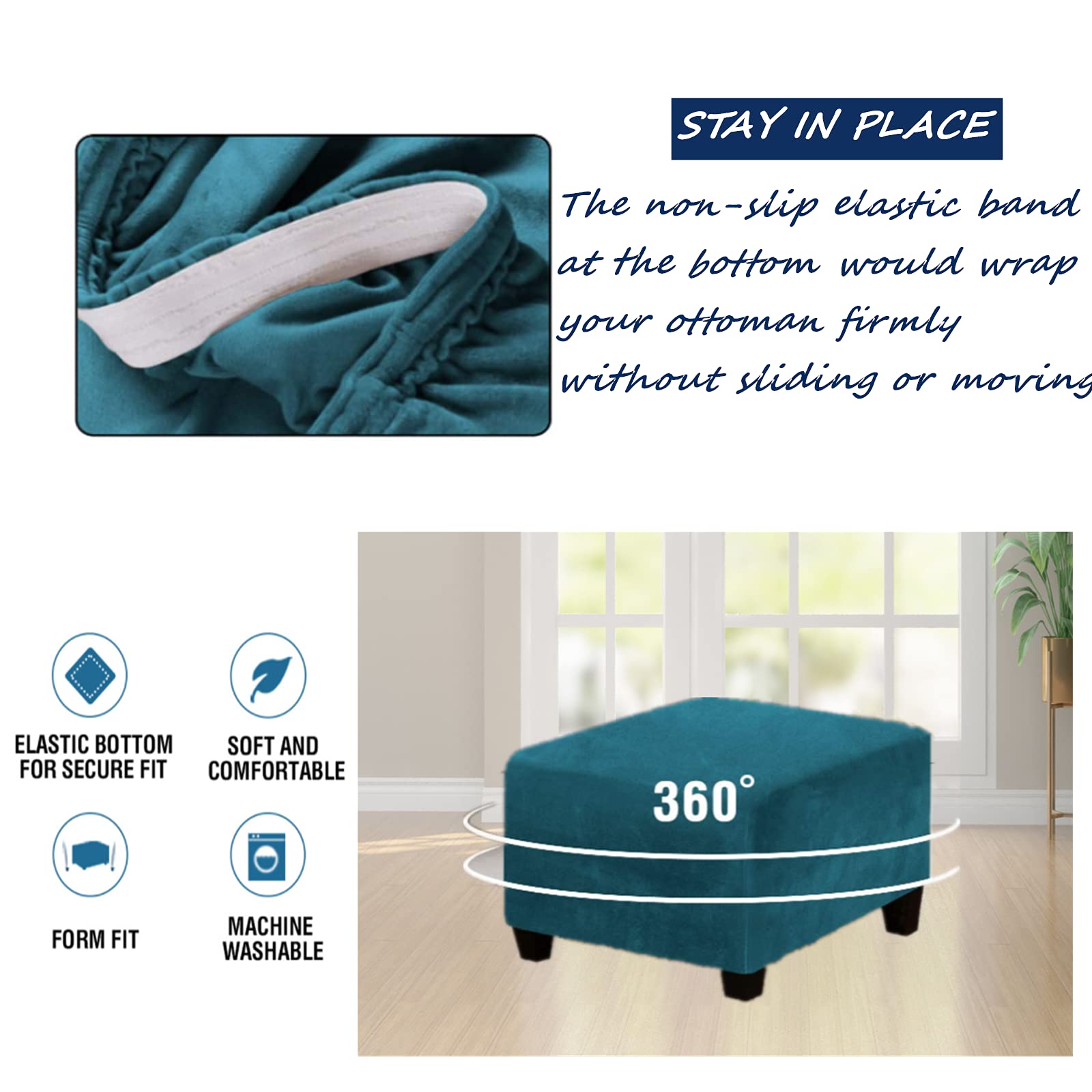 Stretch Velvet Ottoman Slipcover - Square Footstool Cover with Elastic Bottom for Folding Storage Ottoman - Teal Blue Living Room Furniture Protector - Perfect for Home Decor, Lounge & Guest Seating