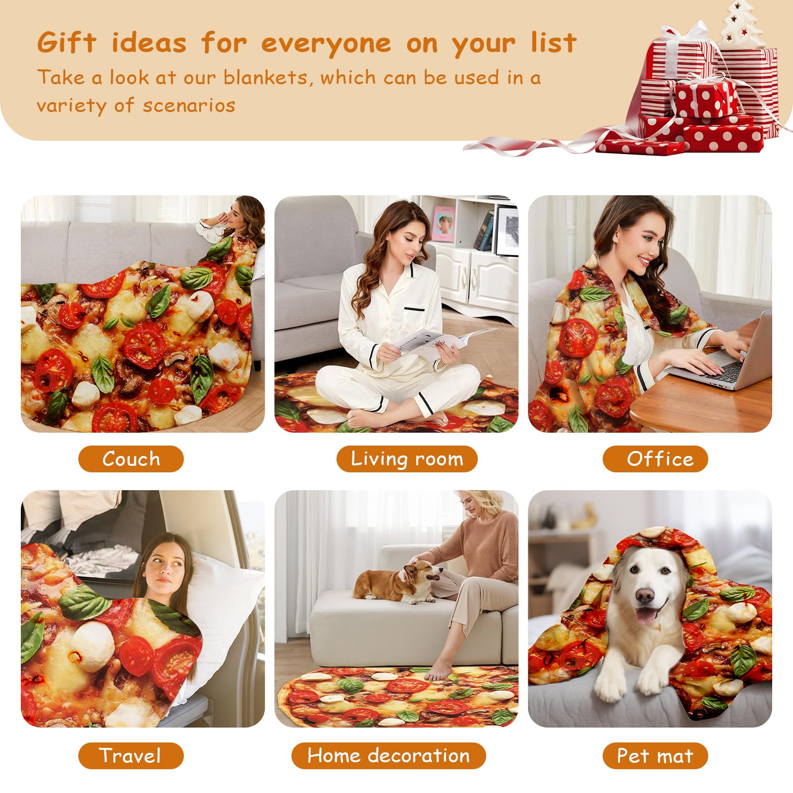 Realistic Pizza Blanket for Adults - 71 Inch Large Round Plush Throw Blanket, Soft Funny Novelty Food Blanket for Bed, Couch & Travel - Perfect for Movie Nights, Sleepovers & Gifts