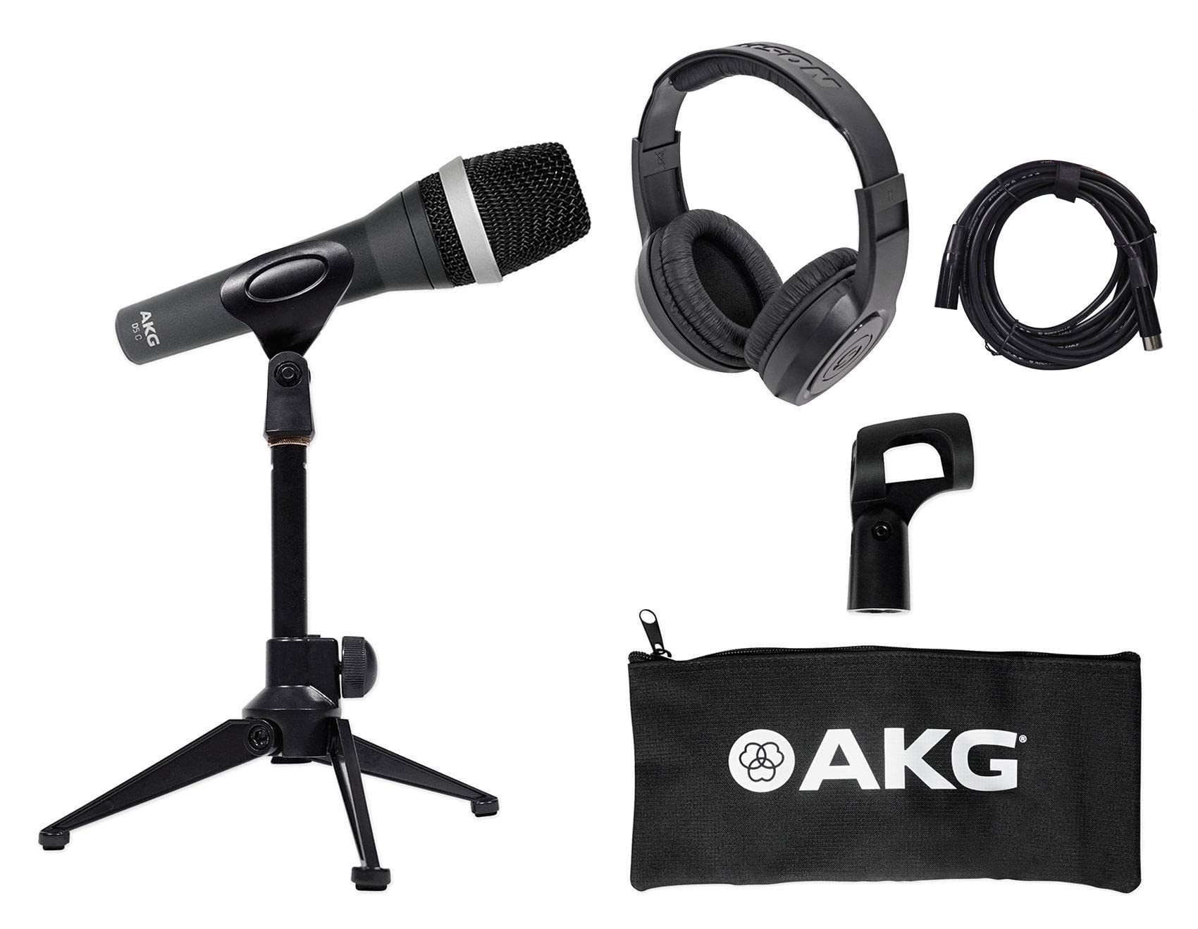 AKG D5C Pro Dynamic Cardioid Vocal Microphone with Desk Stand, Headphones & Cable - Professional Studio Recording, Live Performances & Podcasting