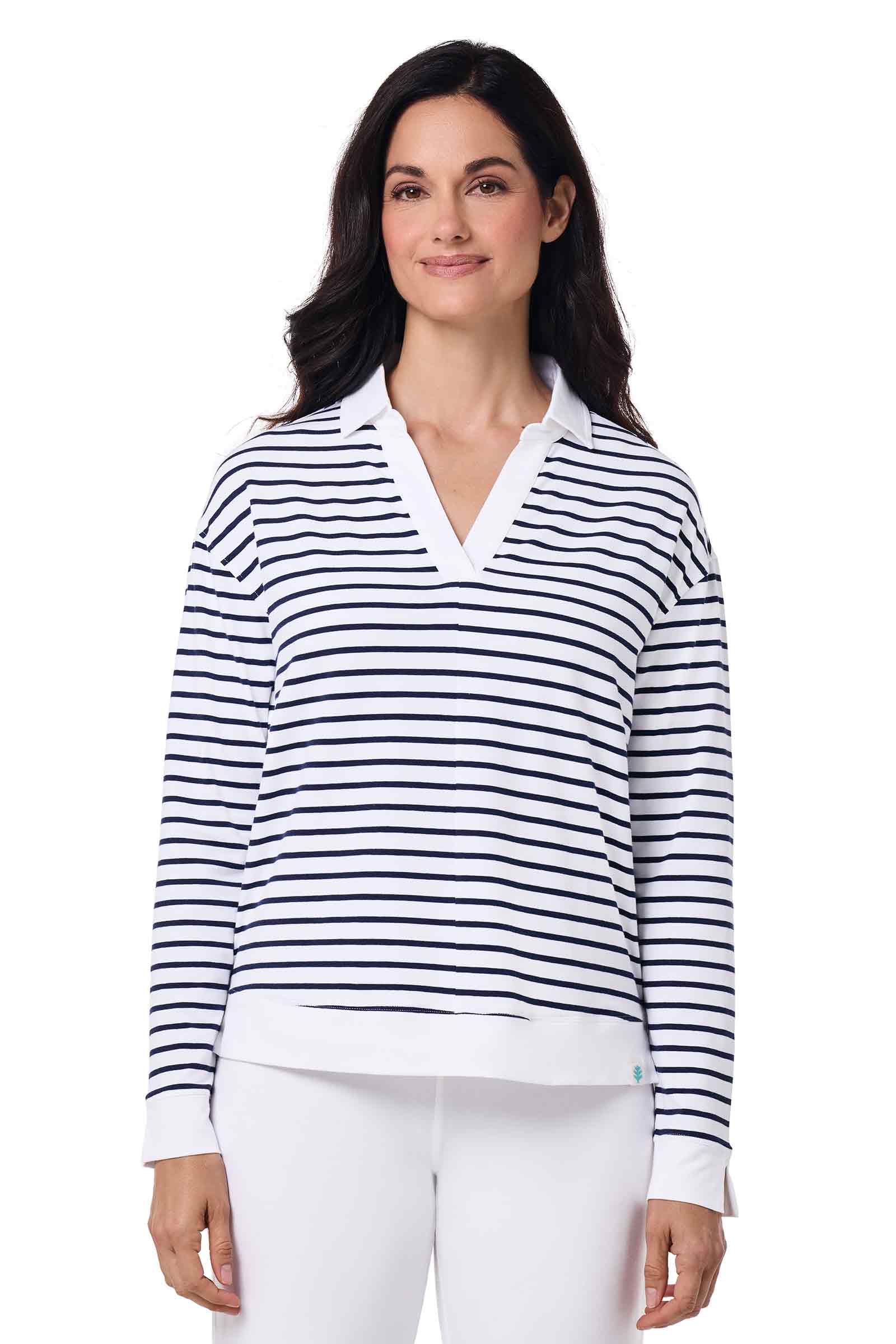 Women's Fontainebleau Polo 2.0 - Classic White & Navy Striped Casual Shirt for Golf, Tennis & Everyday Wear | Breathable & Comfortable Cotton Blend Top