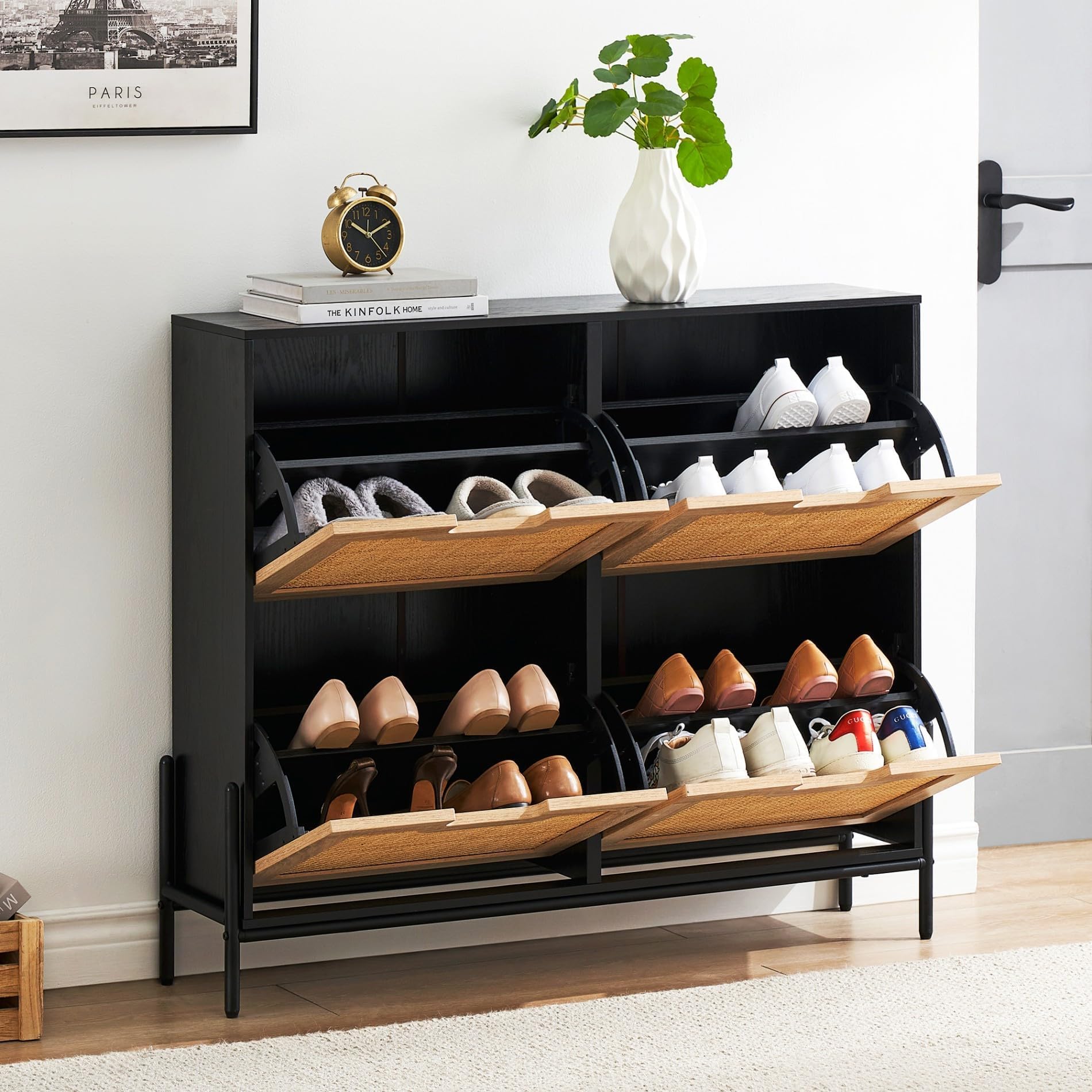 IDEALHOUSE Natural Rattan 4-Door Flip Shoe Cabinet Organizer - Freestanding Modern Shoe Rack with 3 Adjustable Shelves for Entryway, Closet, Hallway - Perfect for Small Spaces & Home Organization