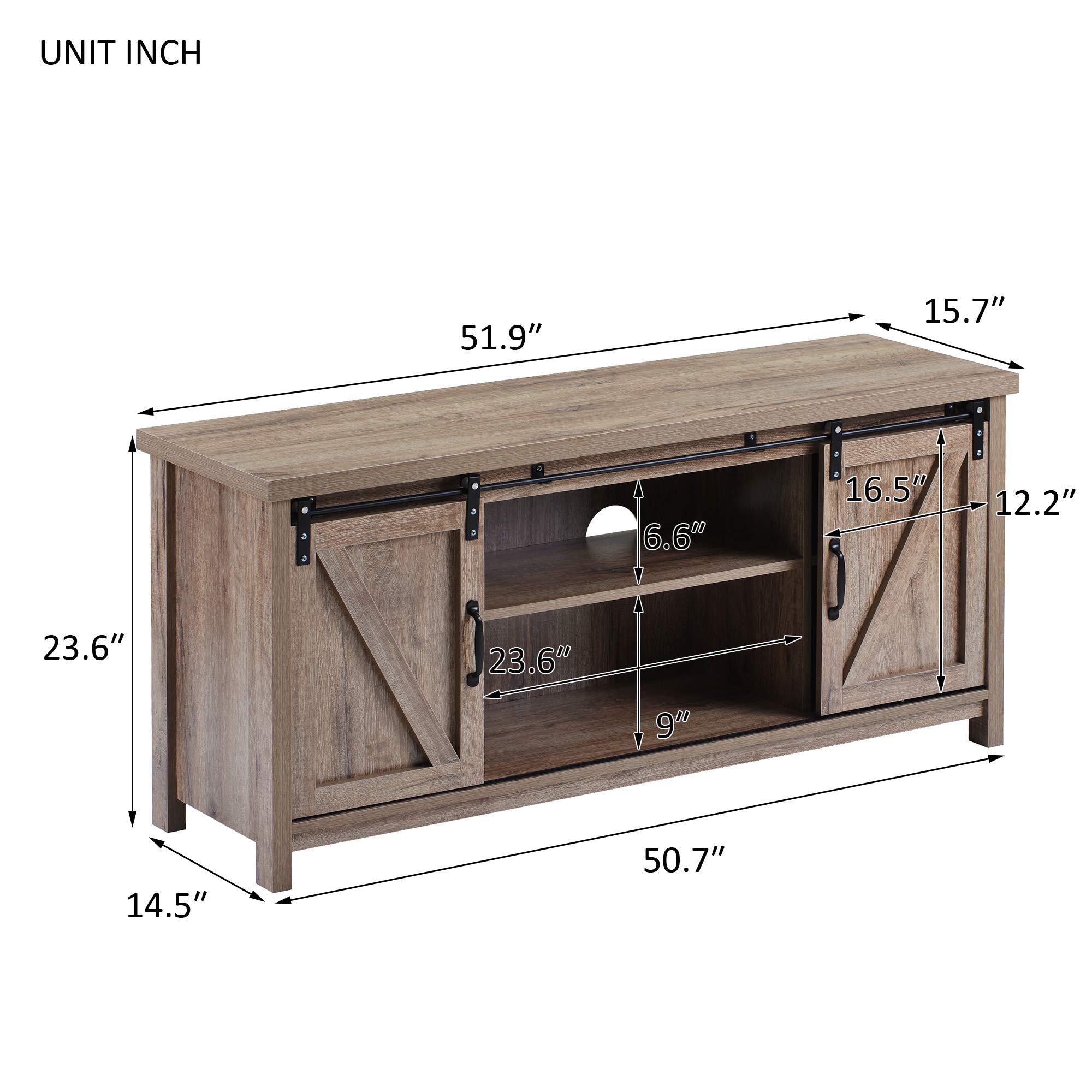 Farmhouse Wood TV Stand with Double Sliding Barn Doors & Open Shelves - Rustic Entertainment Center & Storage Cabinet for Living Room, Bedroom, Kitchen | Perfect for Home Theater Setup & Cozy Living Spaces (Oak Finish)