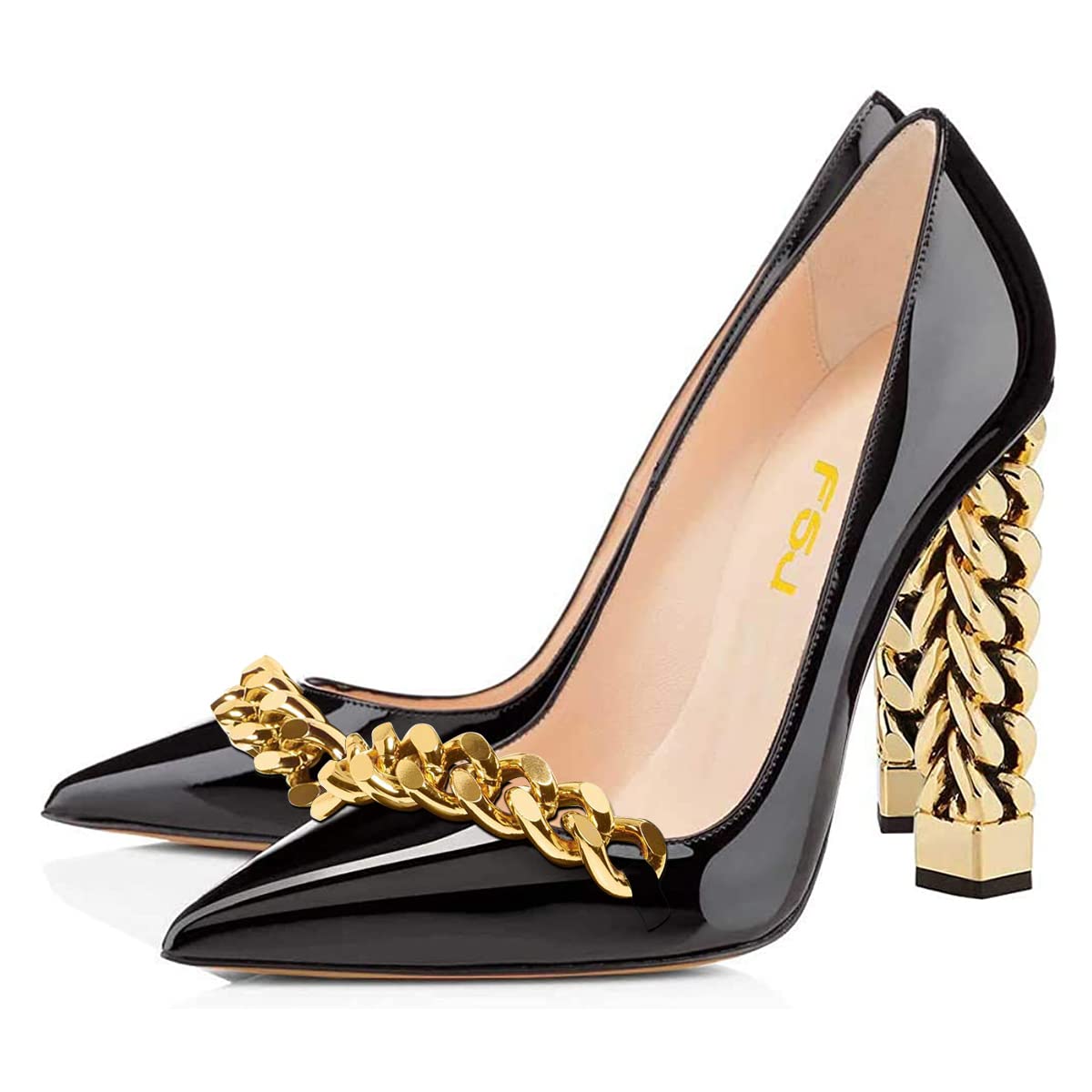 FSJ Women's Gold Metal Chunky Chain High Heel Pointed Toe Slip On Party Prom Pumps - Size 4-15 US - Perfect for Evening Events, Weddings & Night Out