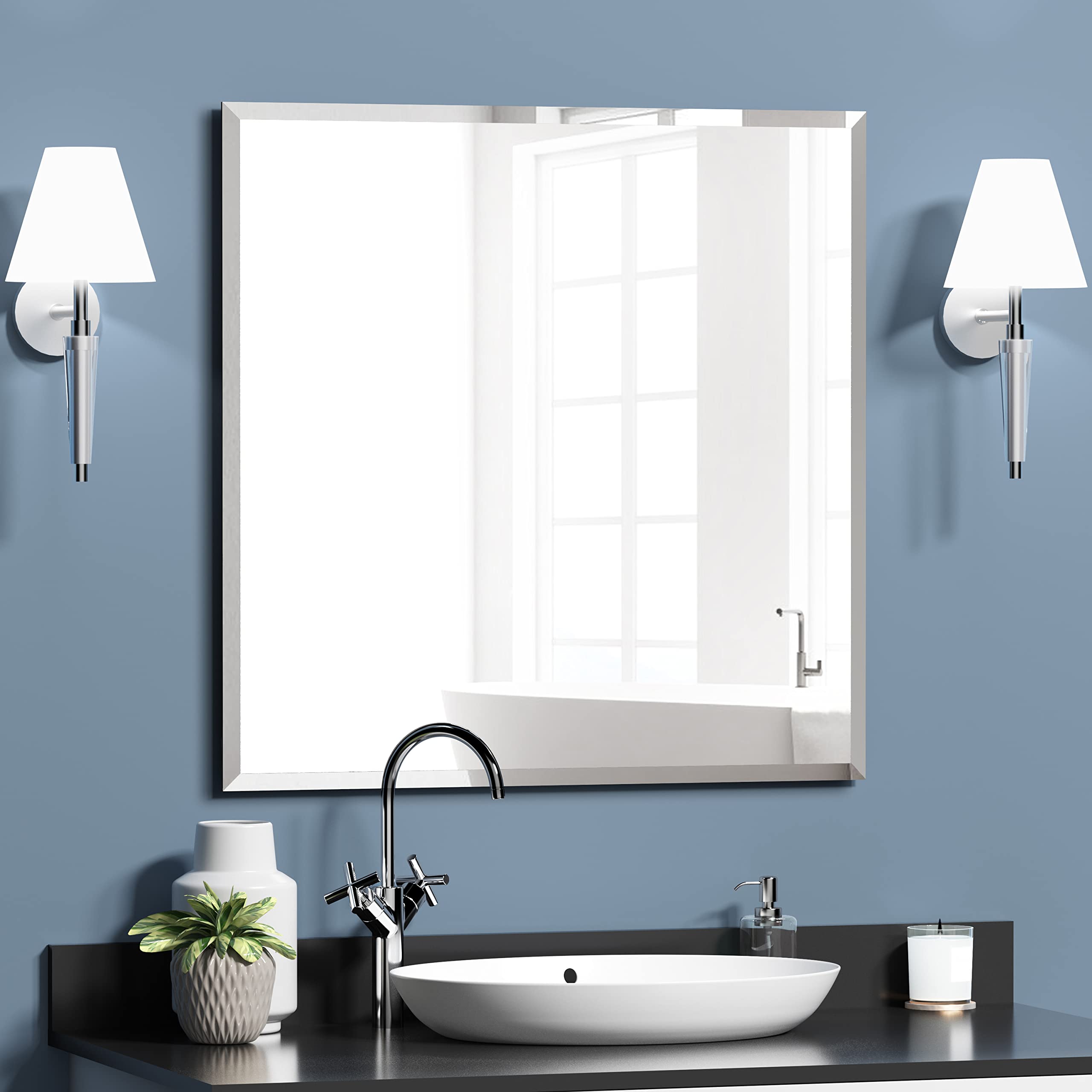 KOHROS 24x24 Inch Frameless Square Vanity Mirror - Anti-Rust Tempered Glass Bathroom Wall Mirror with Pencil Polished Edge, Horizontal or Vertical Mounting - Perfect for Makeup, Shaving & Home Decor