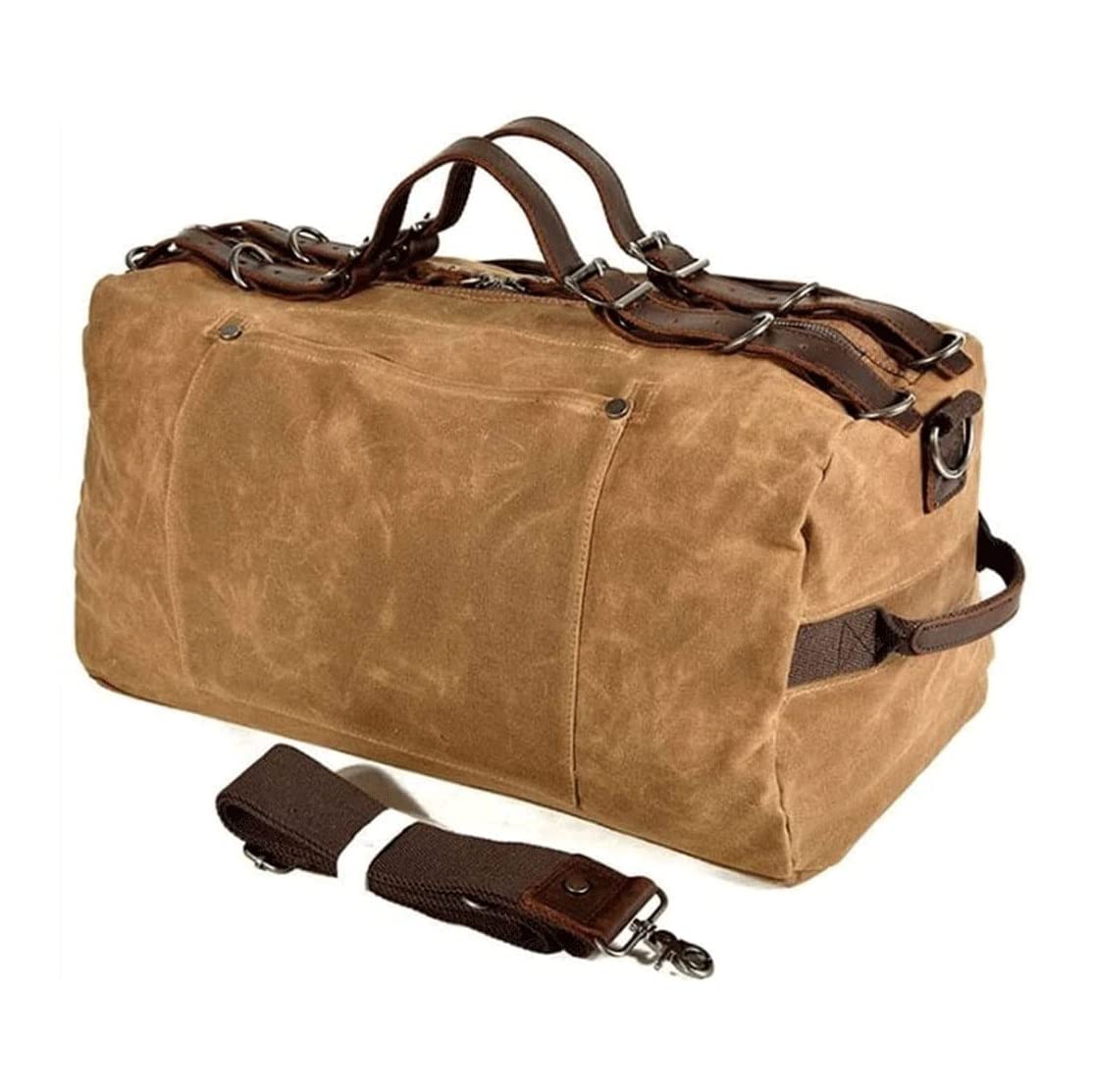 Large Waterproof Canvas & Genuine Leather Travel Duffel Bag - Weekender Overnight Carry On Bag for Men (Brown) - Perfect for Business Trips, Gym, Weekend Getaways & Airplane Travel