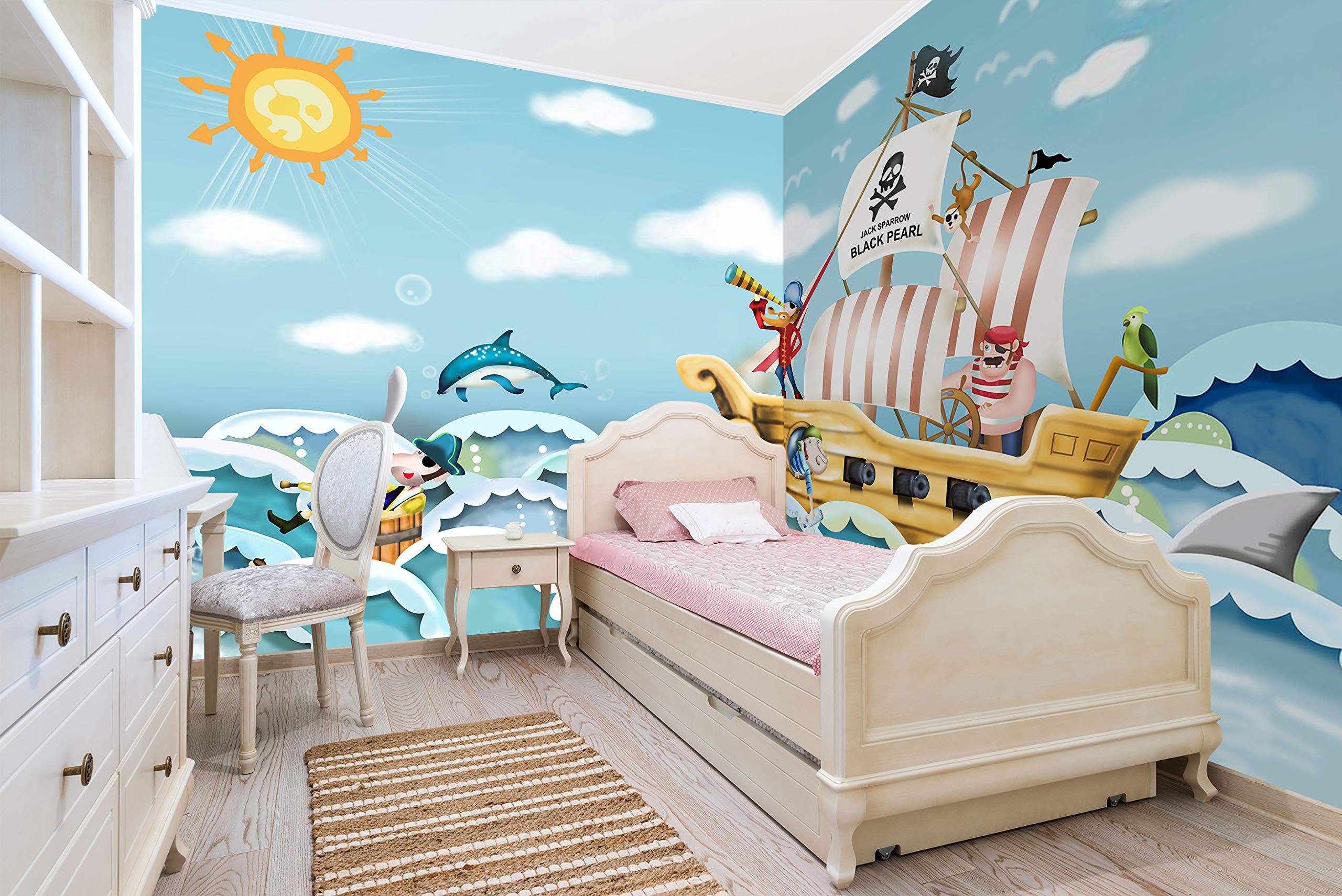 3D Cartoon Pirate Ship Wall Decal - Removable Self-Adhesive Vinyl Wallpaper Mural (205