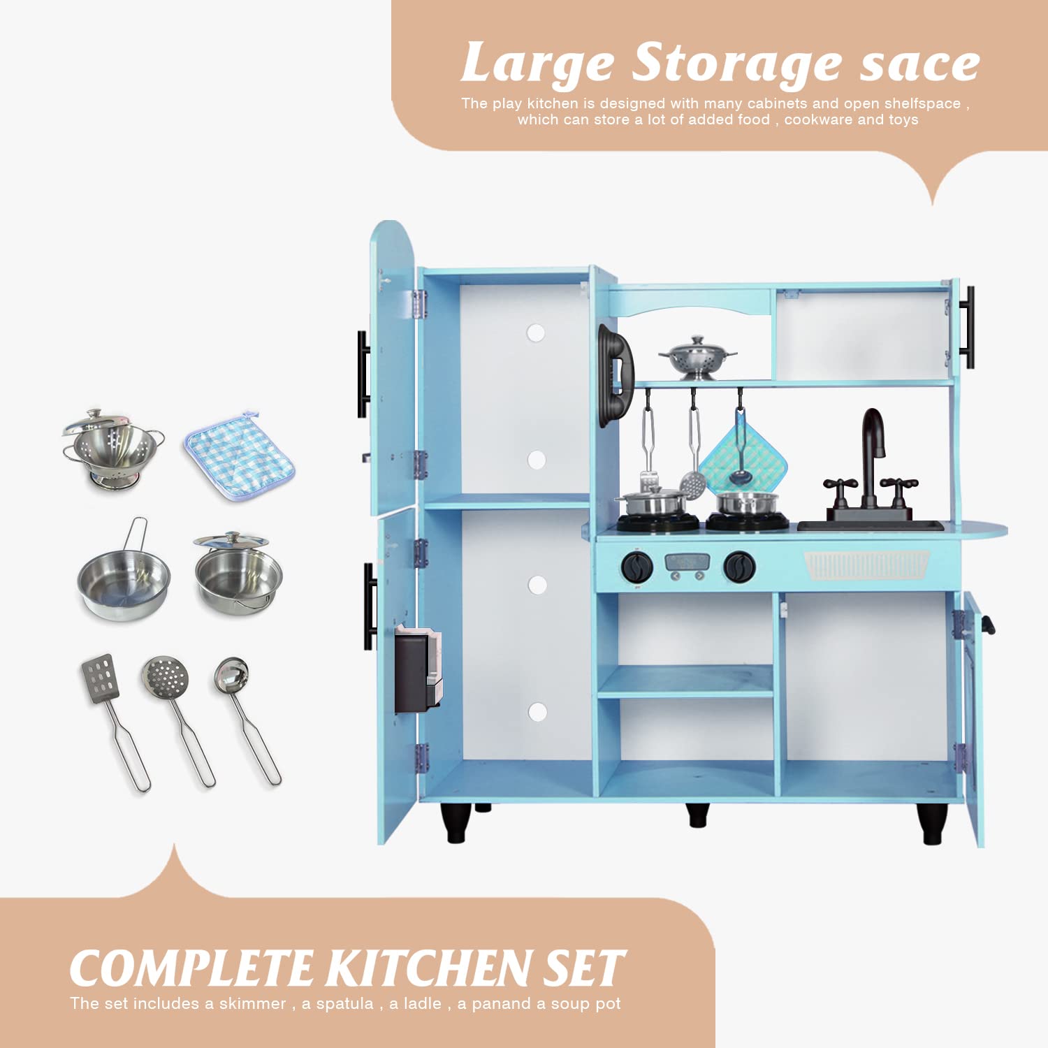 Blue Wooden Toy Kitchen Playset for Kids Ages 4-8 - Interactive Pretend Play with Lights & Sounds - Perfect Gift for Boys & Girls - Ideal for Home, Preschool & Role-Playing Activities