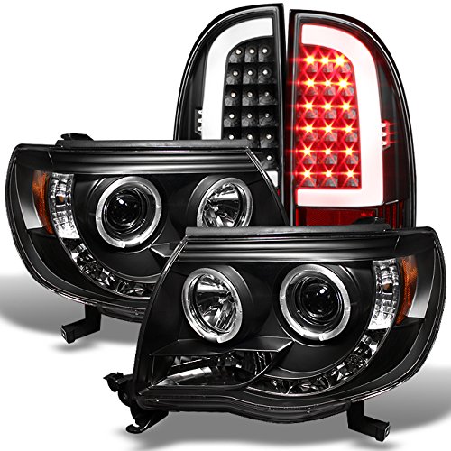 AKKON Black LED Halo Projector Headlights & LED Tube Tail Lights for 2005-2011 Toyota Tacoma Runner - Upgrade Your Night Driving Safety & Style
