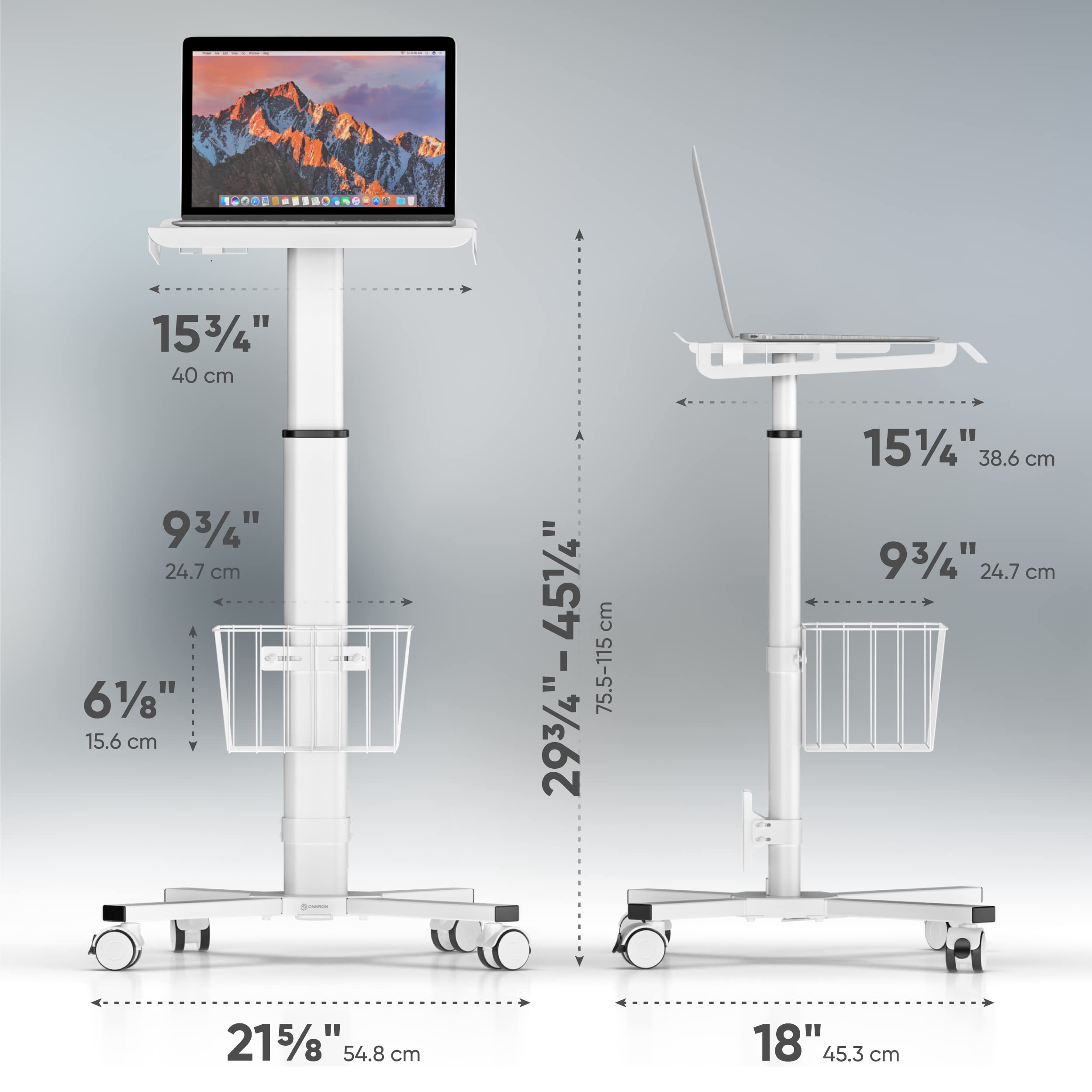 ONKRON Adjustable Mobile Laptop Cart with Wheels - 17.6 lbs Capacity Rolling Workstation, Portable Laptop Stand with Storage | Ideal for Office, Classroom, Hospital & Home Use (White)