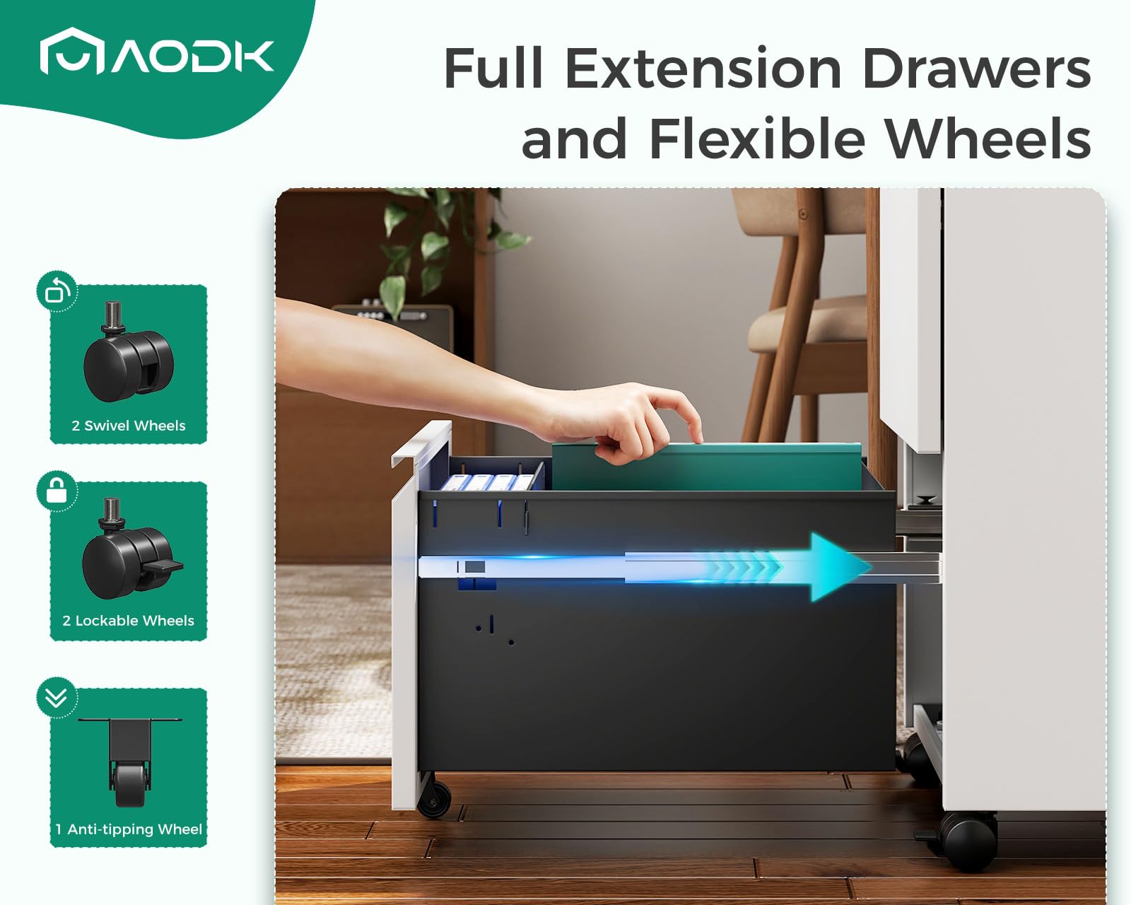 AODK 2-Drawer Rolling File Cabinet with Lock - Fully Assembled Mobile Storage for A4, Legal & Letter Files - White - Perfect for Home Office, Small Business & Workspace Organization