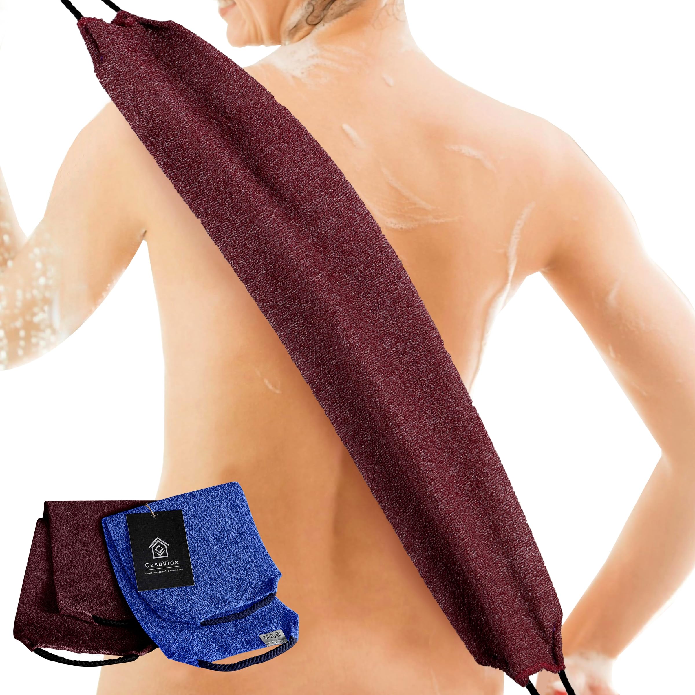 CASAVIDA Back Scrubber for Shower - 2 Pack Exfoliating Washcloth with Stretchable Strap, Nylon Bath Towel Washer for Deep Cleansing & Body Exfoliation (Jean Blue + Wine Red) - Perfect for Spa, Bath & Relaxation at Home
