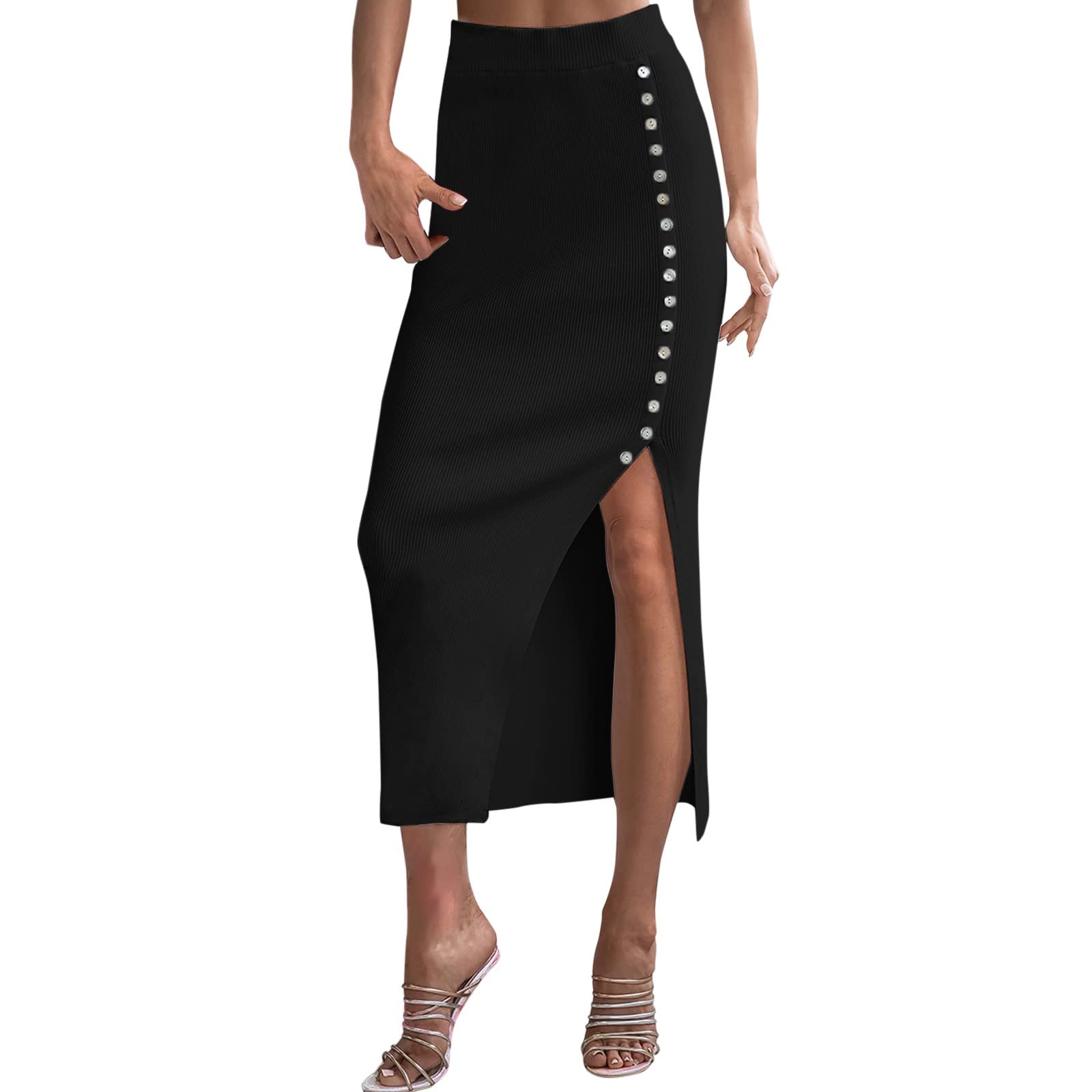 Elegant High Waisted Lettuce Trim Pencil Midi Skirt for Women - Plus Size Maxi Long Dress for Office, Party & Casual Wear