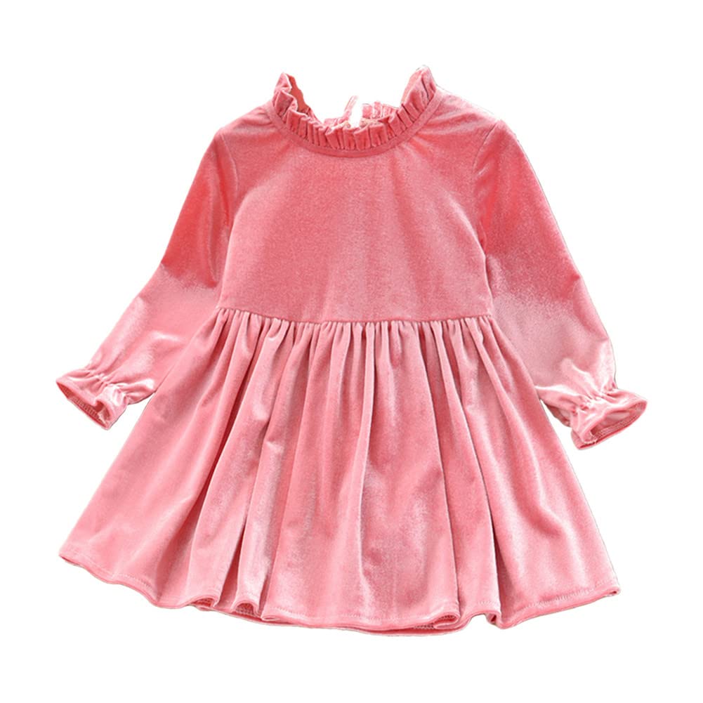 LittleSpring Girls Long Sleeve Velvet Dress - Vintage Ruffle Collar Swing Dress for Party, Holiday & Special Occasions - Size 12 Pink - Perfect for Christmas, Birthday & Formal Events