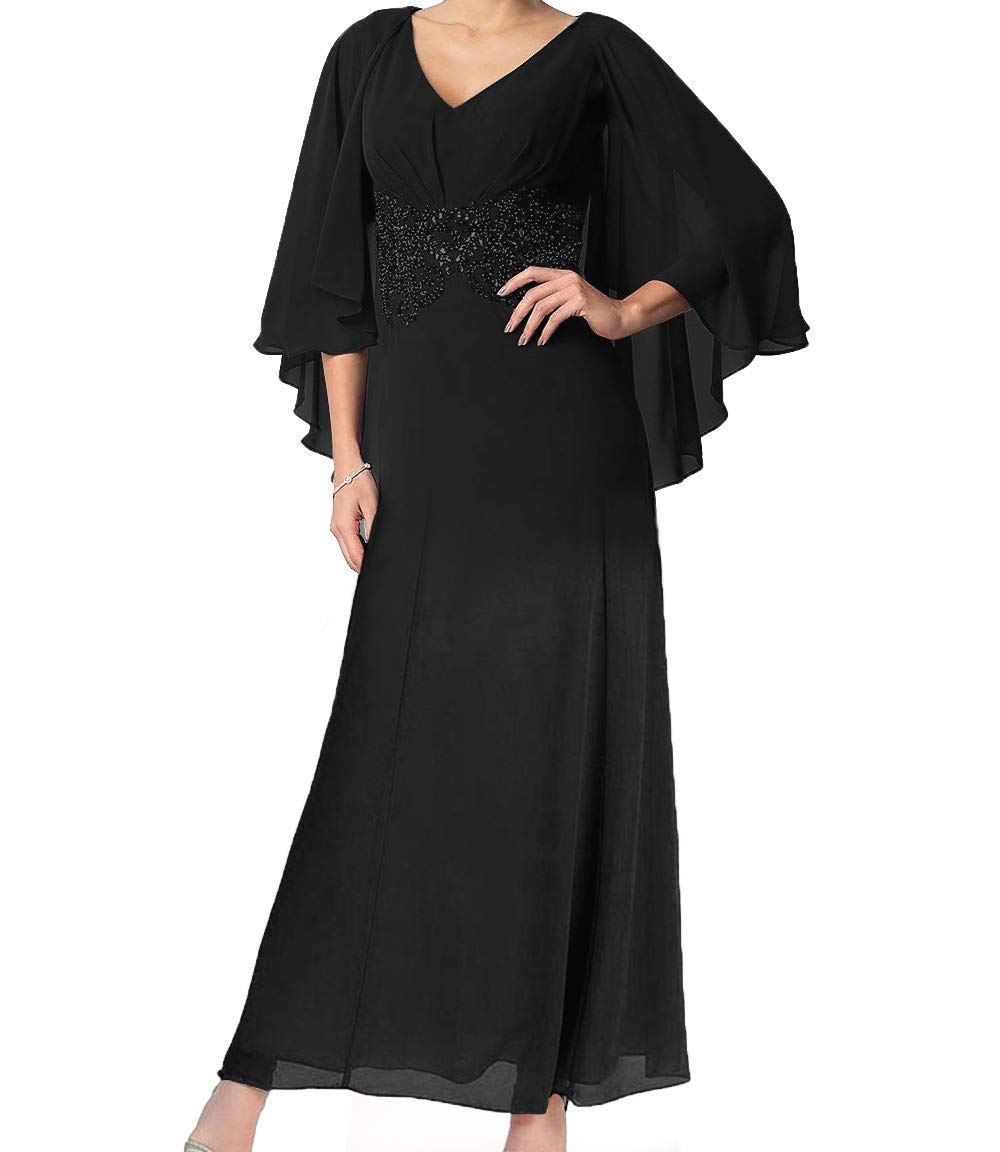 Elegant Plus Size Mother of The Bride Dress - V Neck Chiffon Beaded Formal Evening Gown with Cape | Wedding Guest, Cocktail Party, Special Occasion Wear