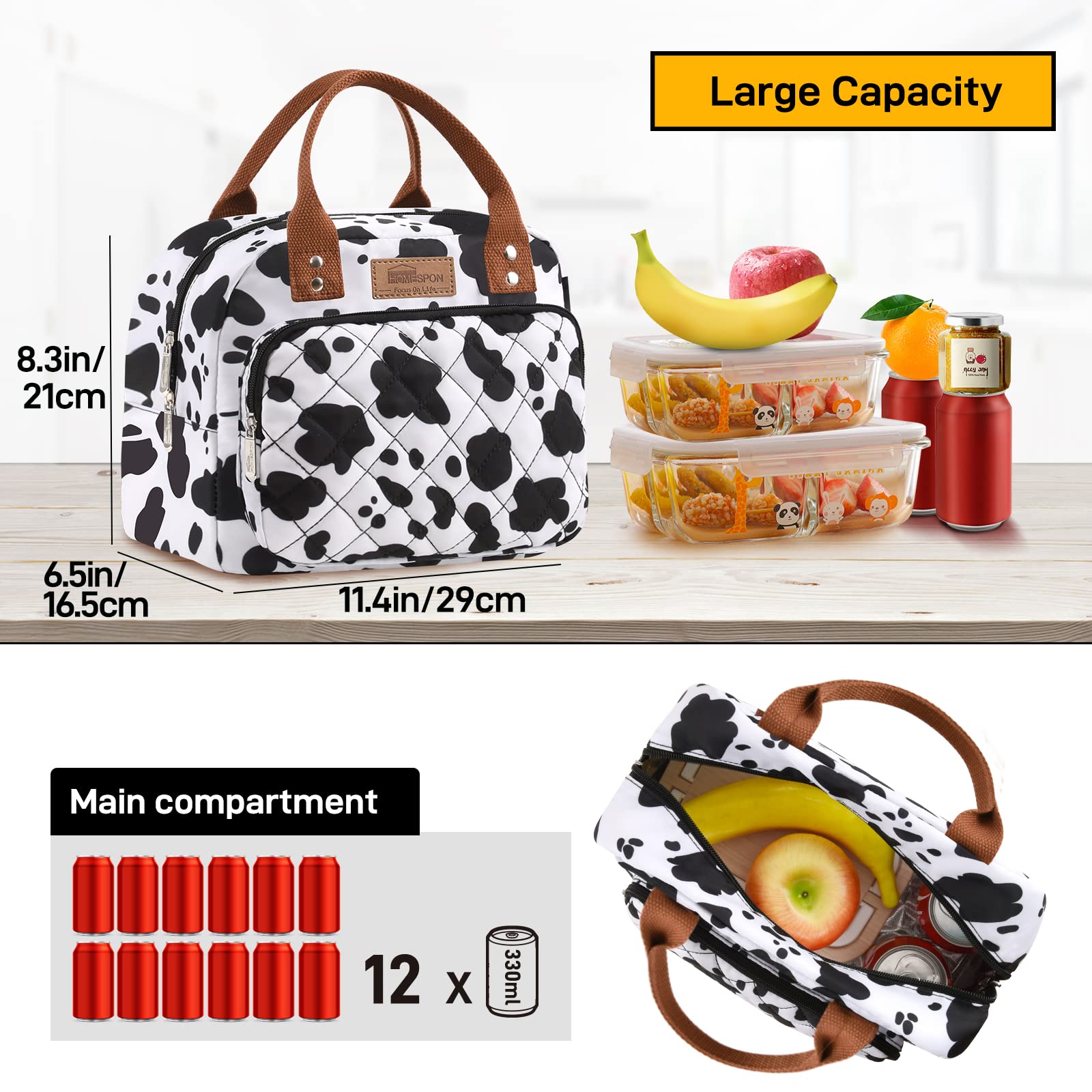 Burninger HOMESPON Insulated Lunch Bag for Women & Men - Leakproof Lunch Tote with Front Pocket - Perfect for Work, School, Picnic, Travel & Outdoor Activities (Cow Print)