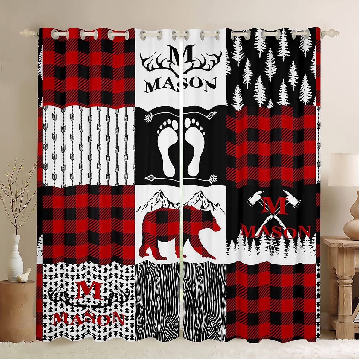 Rustic Bear Window Drapes - Mountain Wooden Patchwork Camping Curtains 52x96 Inches, Deer Antlers & Tree Footprint Design, Buffalo Plaid Check 2 Panels for Cabin, Lodge & Bedroom Decor - Perfect for Hunting Cabins, Log Homes & Wilderness Retreats