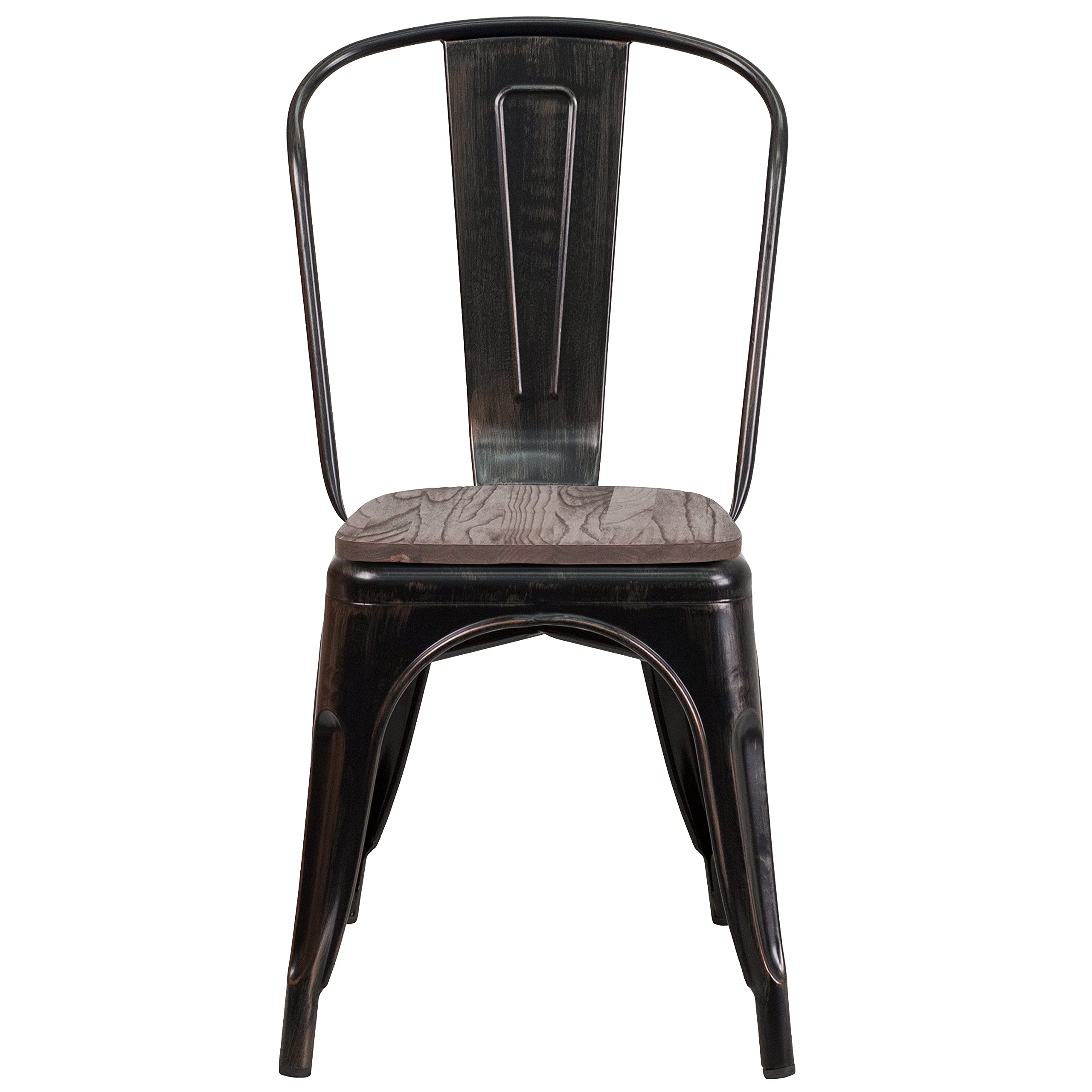 4 Pack Black & Antique Gold Metal Stackable Dining Chairs with Wood Seat - Sturdy Restaurant Chairs for Home, Cafe, Bistro & Outdoor Use