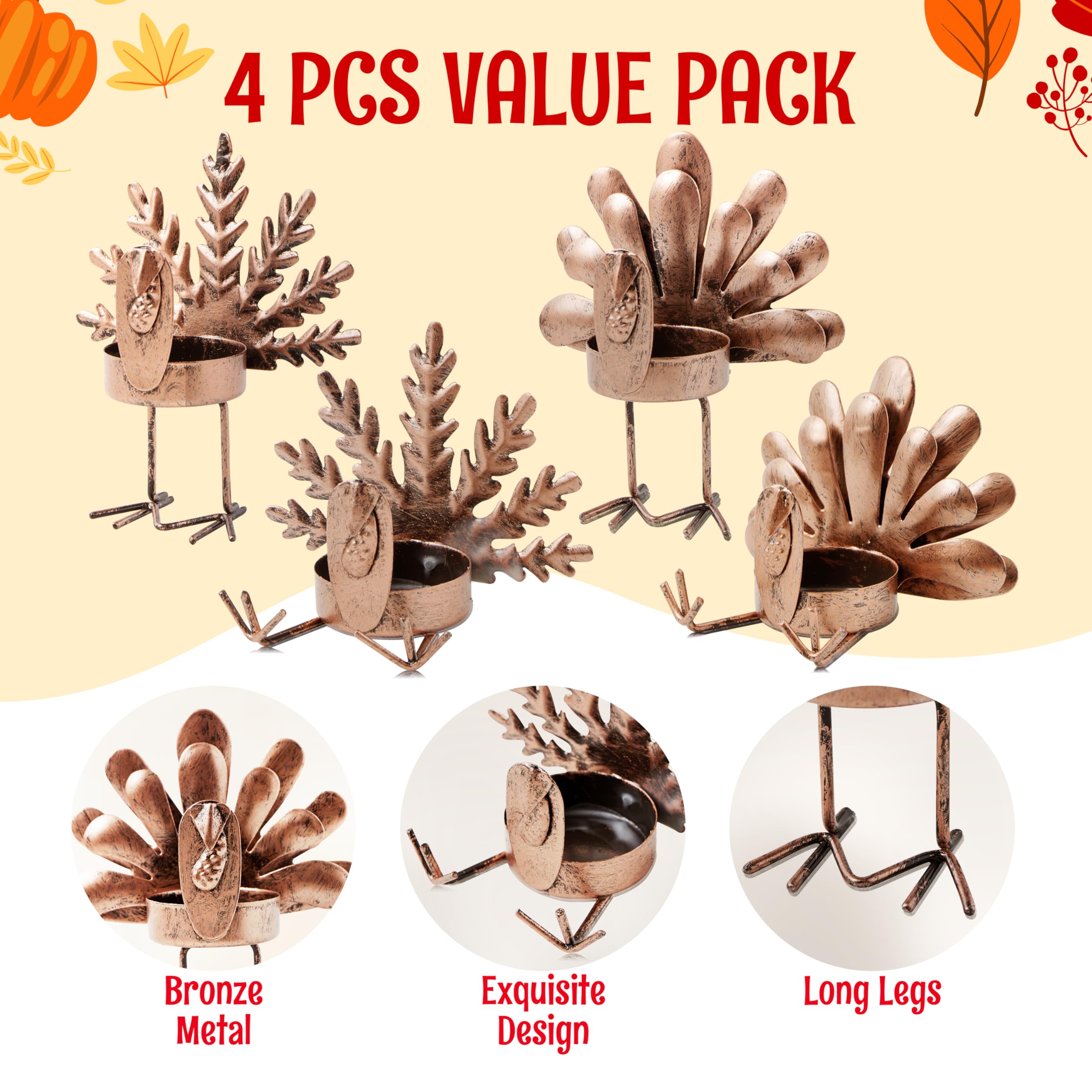 JOYIN 4-Piece Thanksgiving Turkey Tea Light Candle Holders Set - Fall Centerpiece Decor for Table, Kitchen & Home - Perfect for Thanksgiving Dinner, Autumn Parties & Seasonal Home Decoration