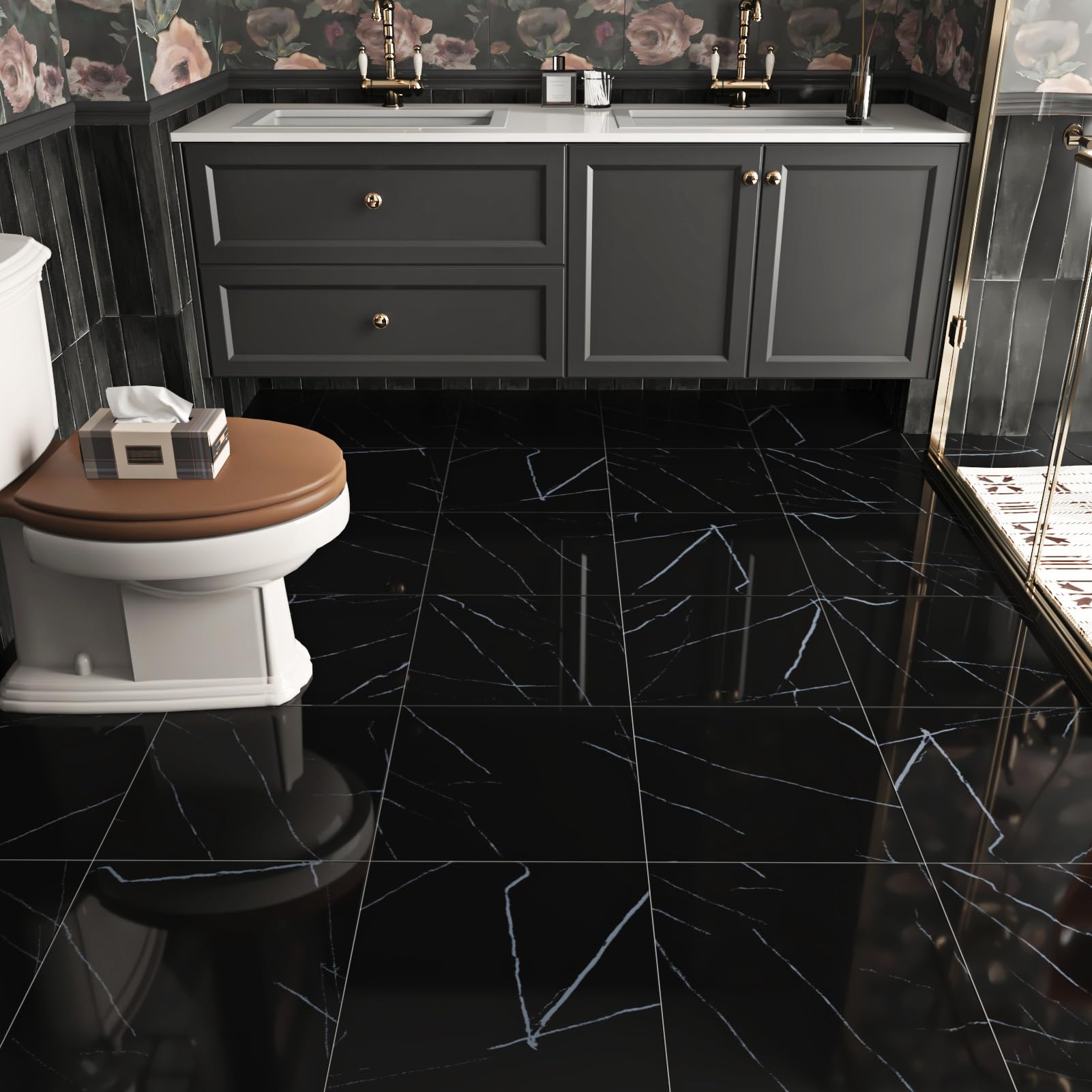 WESTICK 20-Pack Black Peel and Stick Floor Tiles - 12