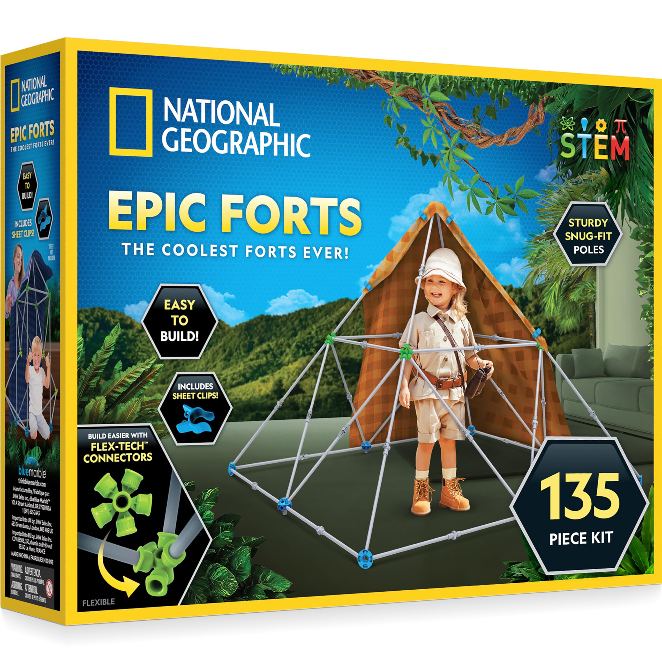NATIONAL GEOGRAPHIC Kids Fort Building Kit - 135 Piece STEM Construction Set for Ages 6-12, Creative Indoor Play Tent & Blanket Castle (Amazon Exclusive) | Perfect for Sleepovers, Playdates & Imaginative Adventures