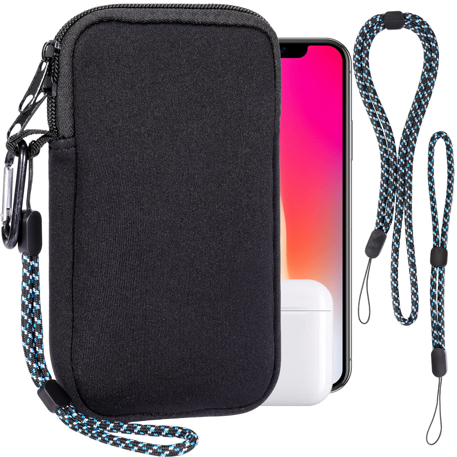 Universal Shockproof Neoprene Phone Pouch with Carabiner & Lanyard - Durable Phone Sleeve Case for iPhone, Samsung & Smartphones up to 7 Inches - Perfect for Hiking, Travel, Outdoor Adventures & Daily Commute - Black