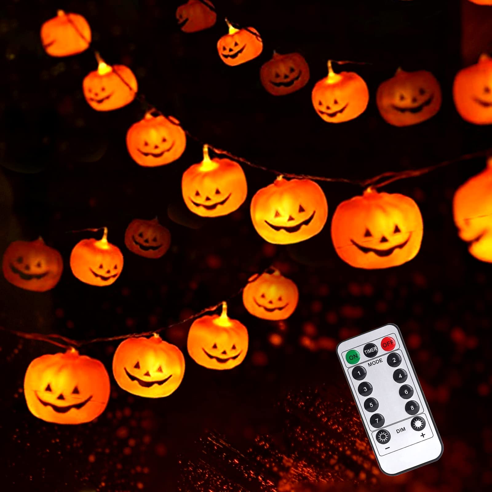 Halloween LED Pumpkin String Lights - 3D Waterproof Orange Jack-O-Lantern with 20 LEDs & 8 Lighting Modes | Battery Operated Indoor/Outdoor Decor for Parties, Porch, Yard, and Holiday Celebrations