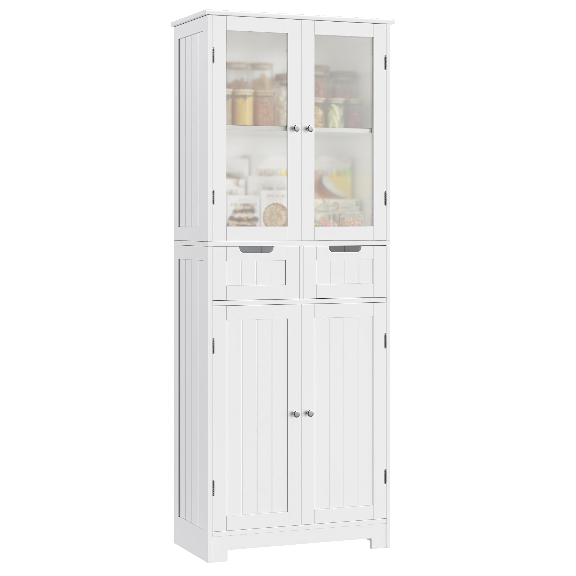HOSTACK 64 Inch White Tall Storage Cabinet with Drawers and Glass Doors - Modern Kitchen Pantry, Bathroom Cabinet with Shelves, Free Standing Linen Cupboard for Dining Room - Perfect for Home Organization, Bedroom Storage & Living Room Decor