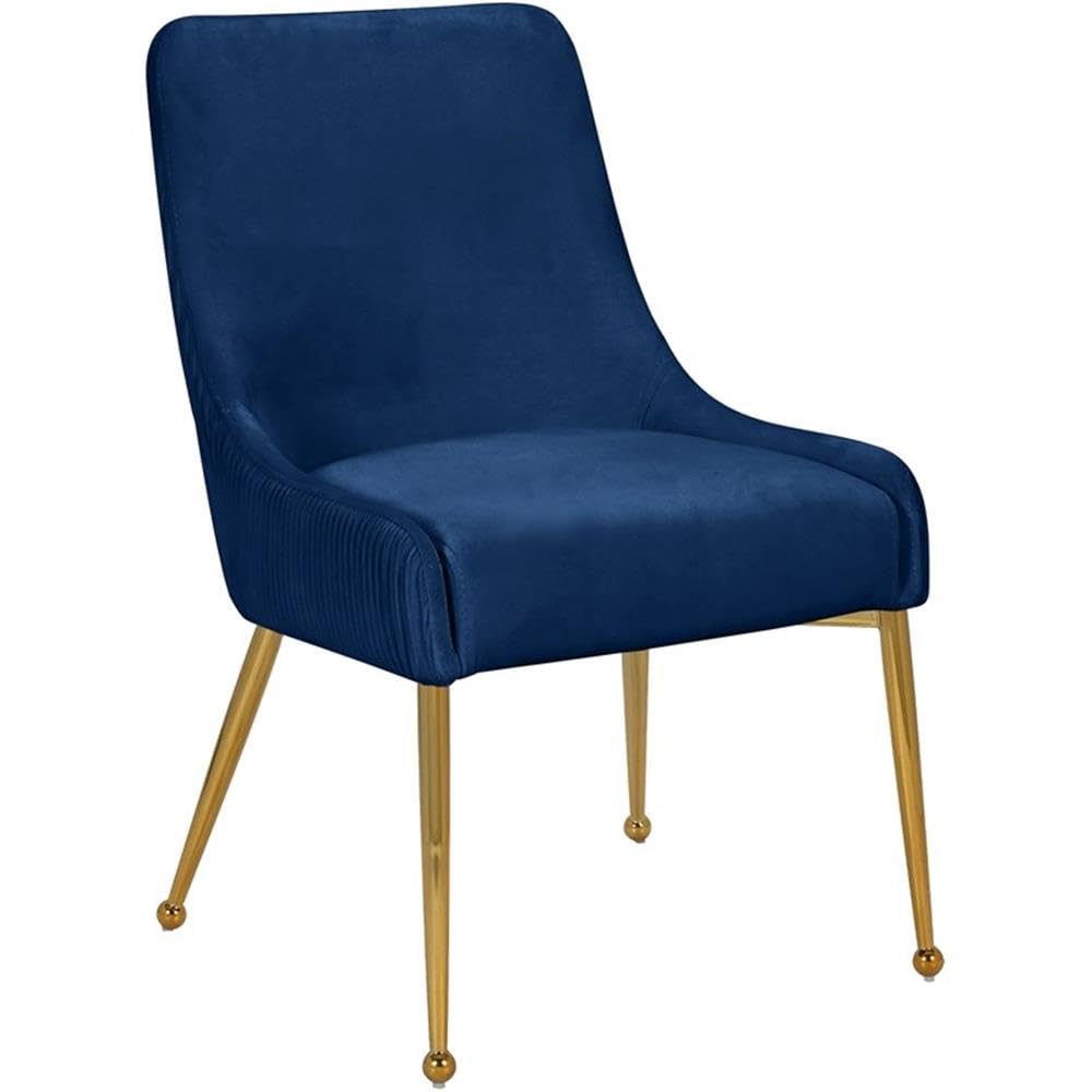 Meridian Furniture 855 Navy Ace Collection Modern Dining Chairs - Set of 2 Navy Velvet Upholstered Chairs with Polished Gold Legs & Pleated Fabric, 24x21x34.5 Inches - Elegant Contemporary Dining Room Chairs for Home, Restaurant, or Event Decor