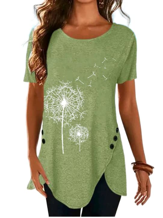 Women's Dandelion Print Tunic Tops - Casual Short Sleeve Flowy Blouse for Summer | Plus Size Tunics to Wear with Leggings | Perfect for Beach Outings, Weekend Brunch & Boho Style