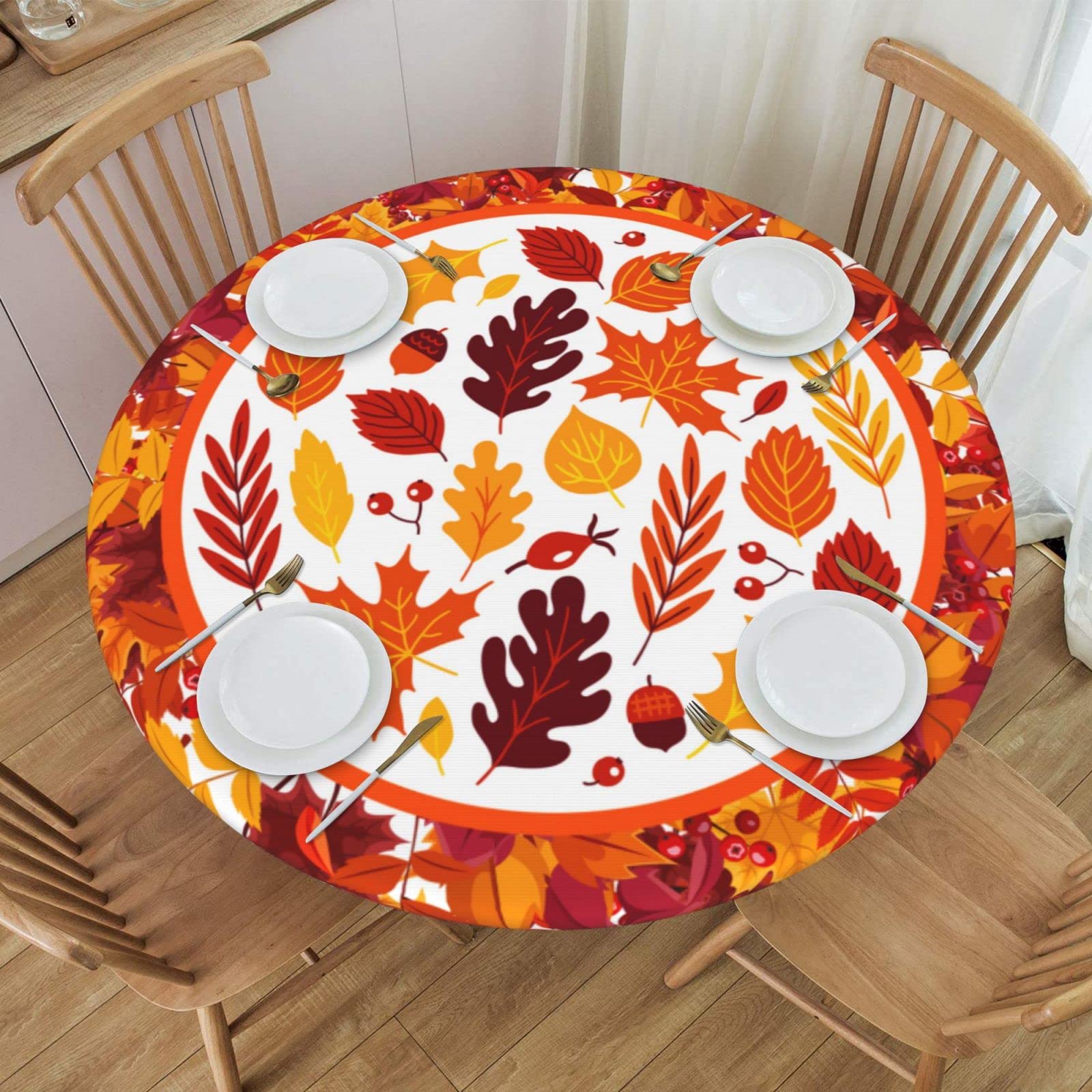 Autumn Maple Leaves Round Elastic Fitted Tablecloth - Washable Stretch Table Cover for Kitchen, Dining, Party (Fits 40-44 Inch Tables) - Perfect for Fall Decorations & Holiday Gatherings