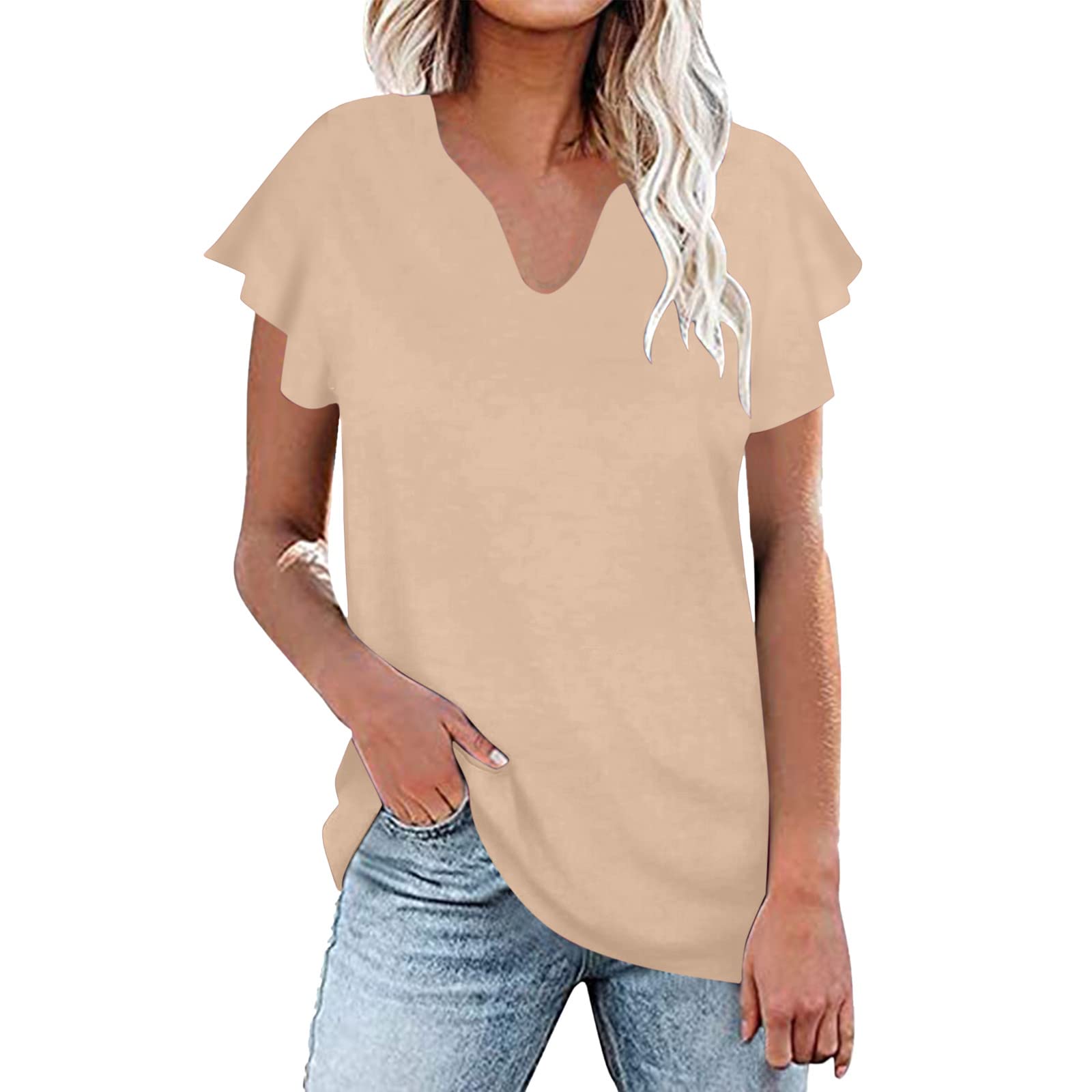 Women's Ruffle Short Sleeve V-Neck T-Shirt - Solid Color Casual Summer Blouse & Tunic Top | Perfect for Beach Outings, Date Nights & Everyday Wear