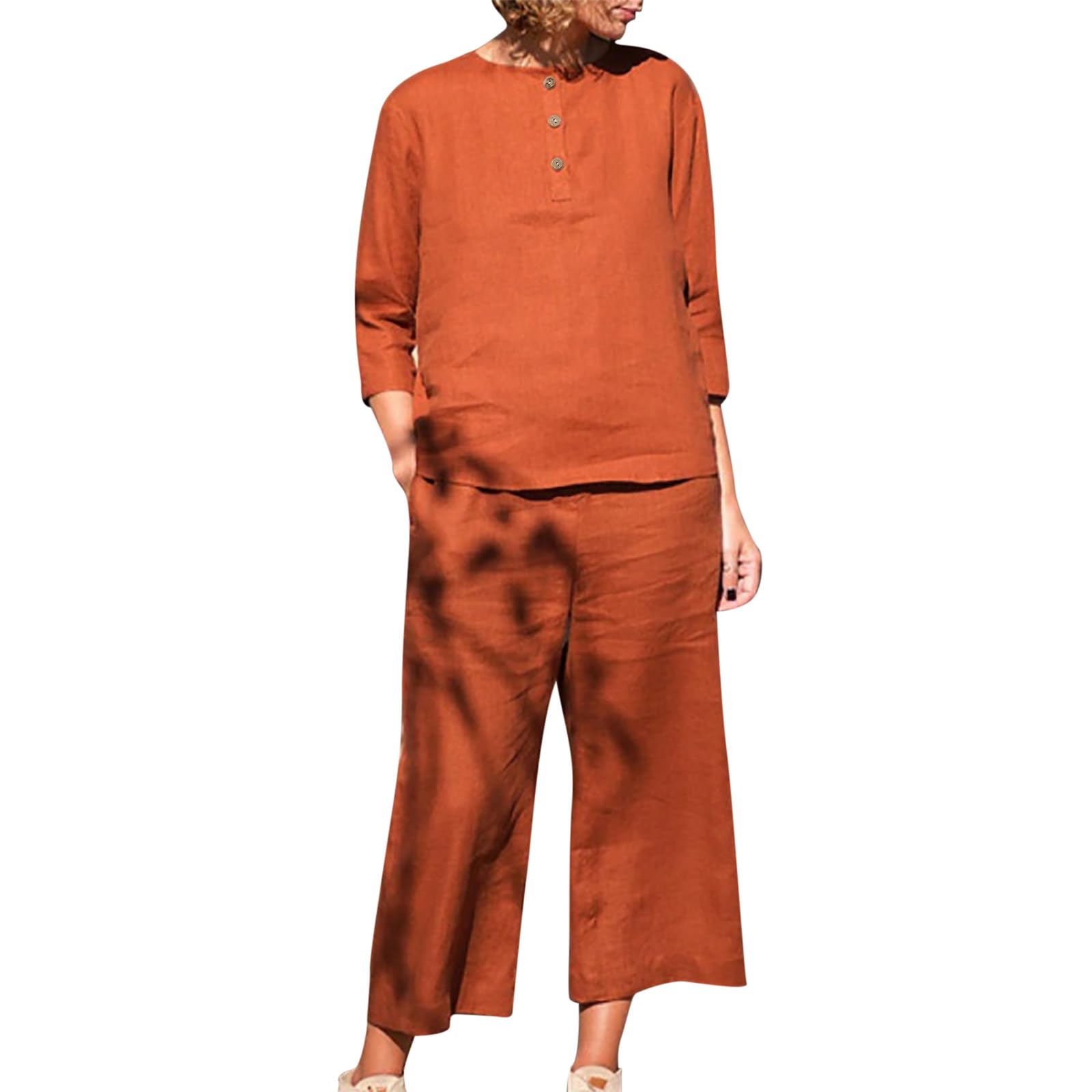 Oelaio 2024 Women's Plus Size Summer 2-Piece Outfit - Cotton Linen 3/4 Sleeve Shirt & Wide Leg Pants Lounge Set (Solid Colors) | Trendy Vacation & Travel Wear for Casual Outings, Beach Trips & Relaxing at Home