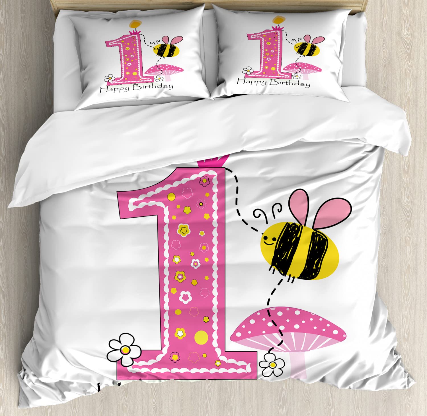 Ambesonne 1st Birthday Duvet Cover Set - Cartoon Bees Party Cake & Candle Print Bedding - 2 Duvet Covers + 4 Pillowcases - 2 Pack California King Size - Pink Black Yellow - Perfect for Baby's First Birthday & Nursery Decor